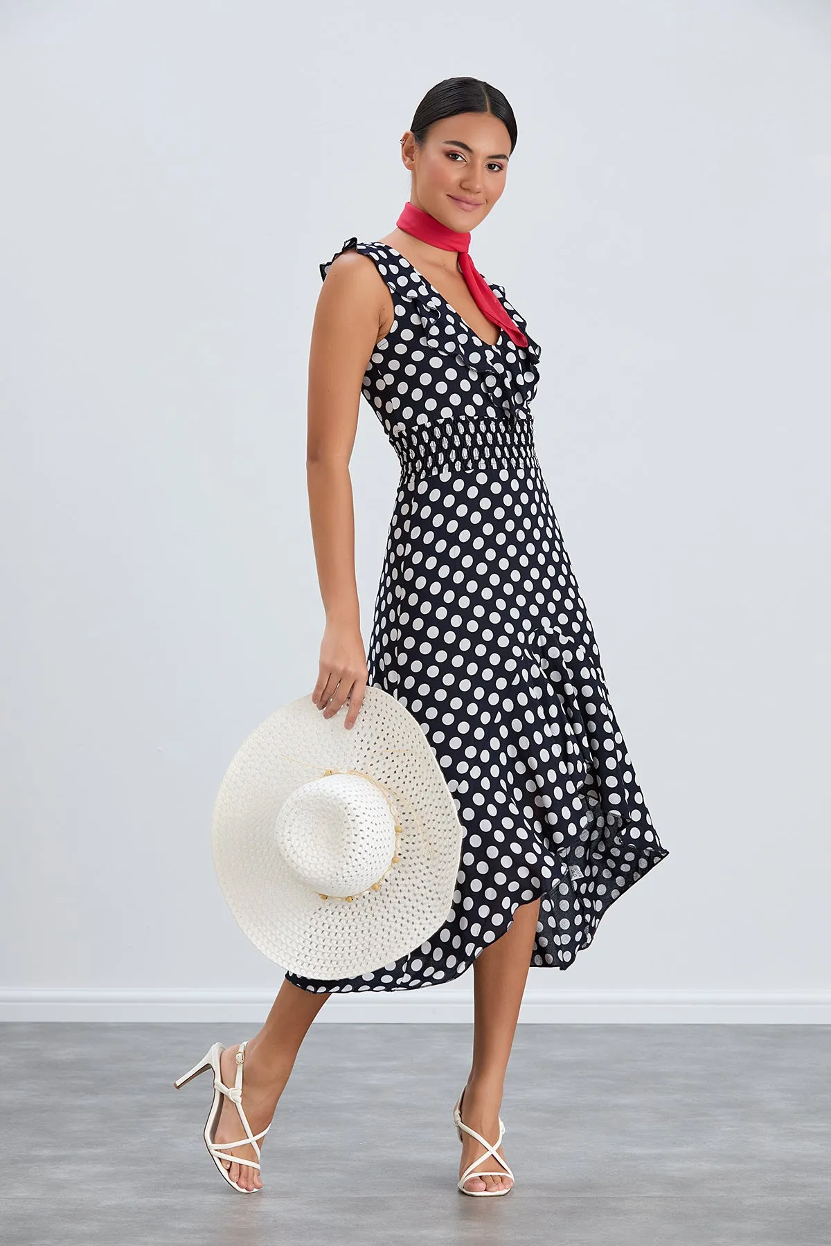 Flirty Ruffle Midi Dress in Dots