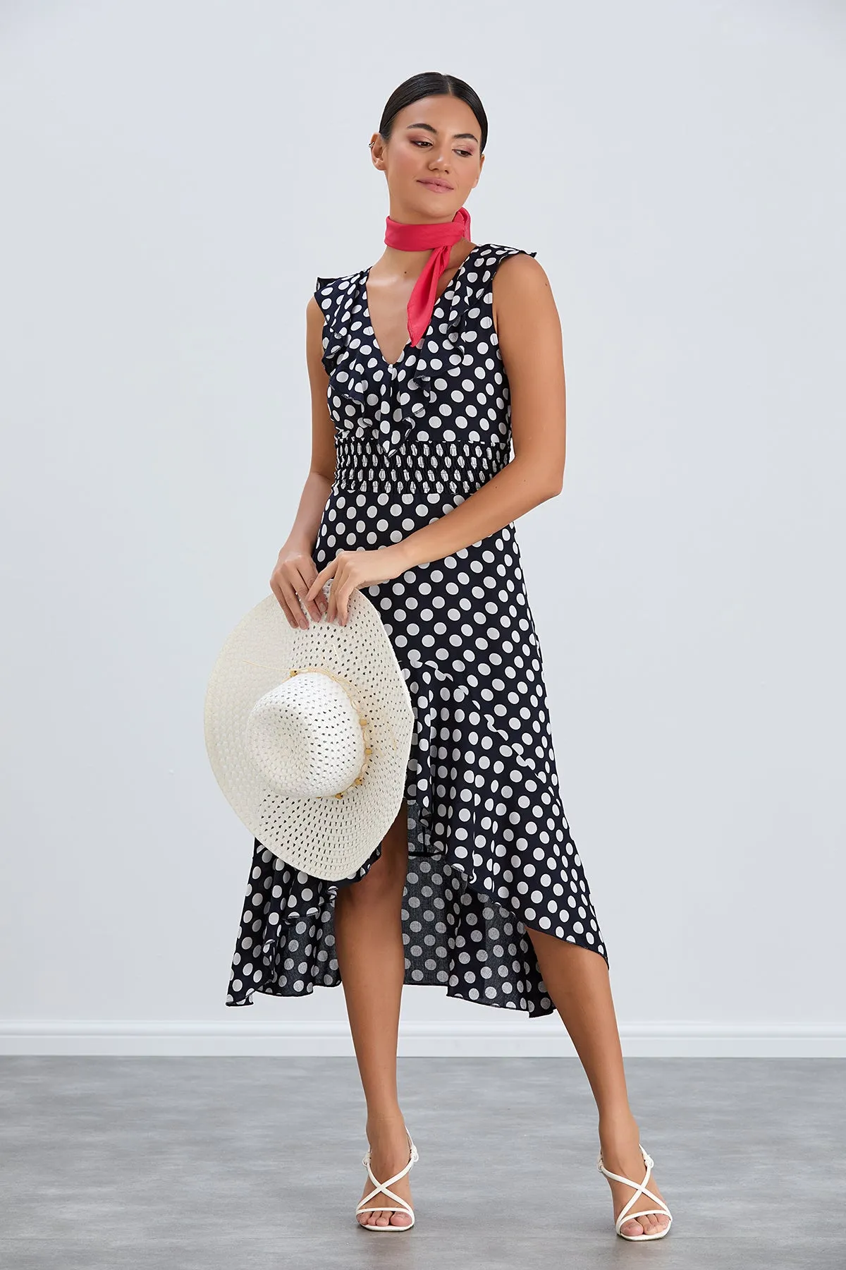 Flirty Ruffle Midi Dress in Dots