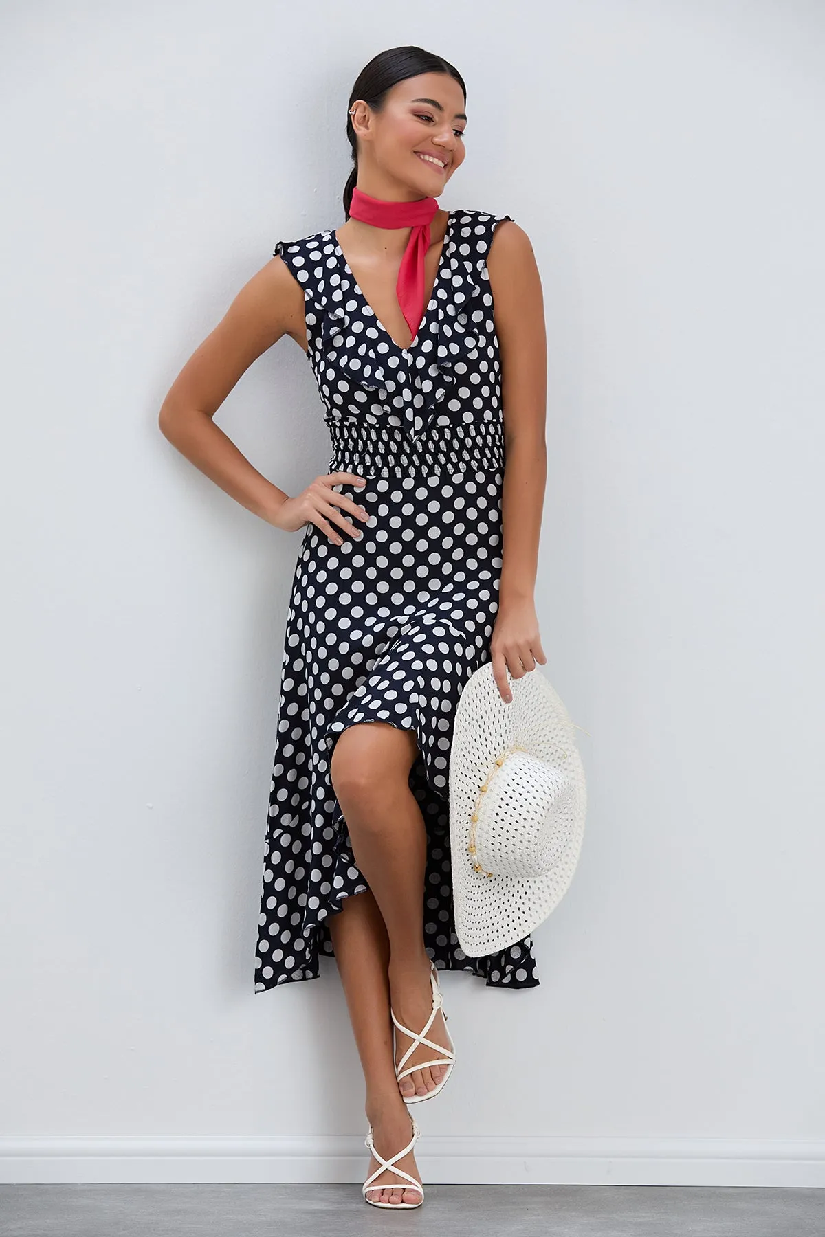 Flirty Ruffle Midi Dress in Dots