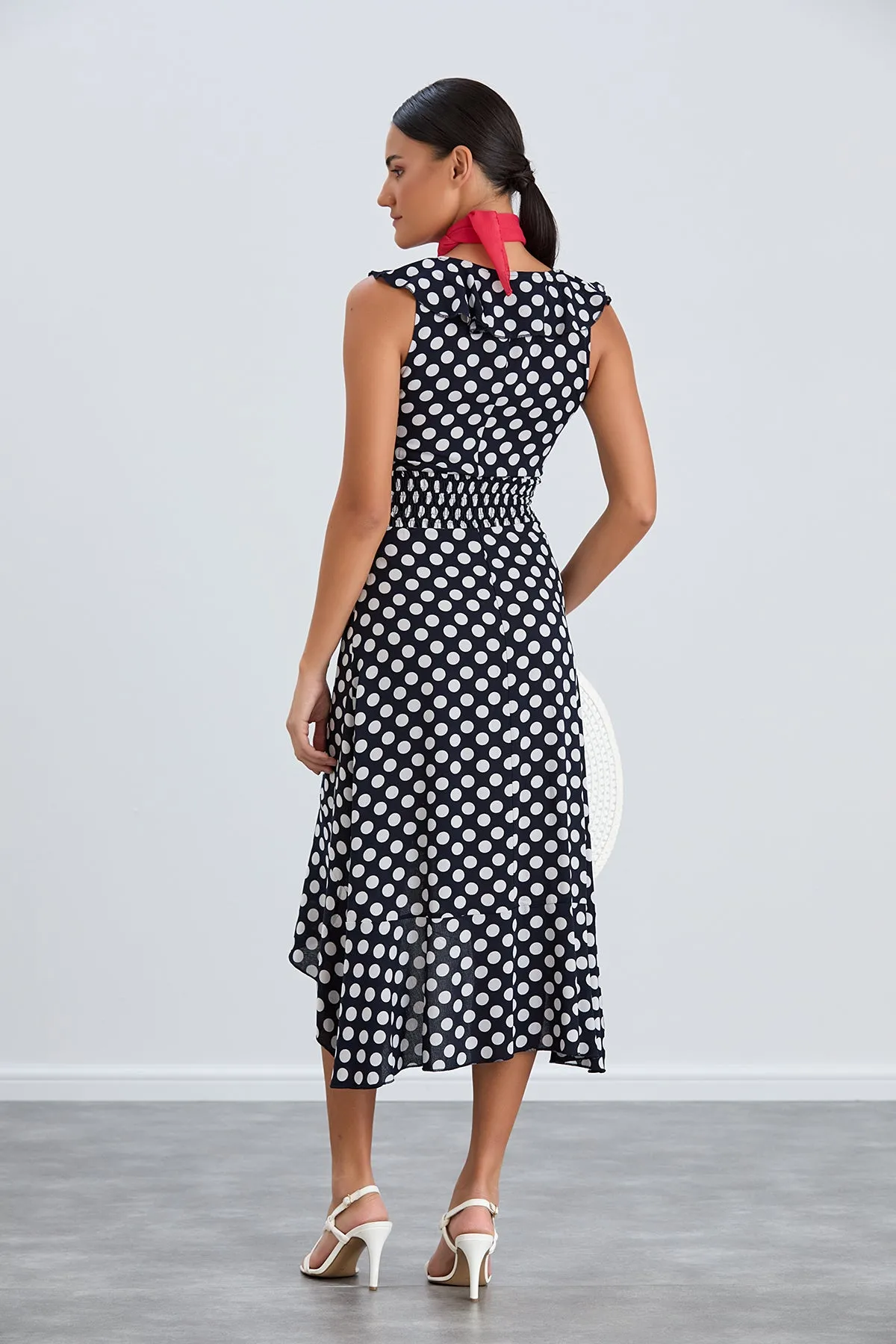 Flirty Ruffle Midi Dress in Dots