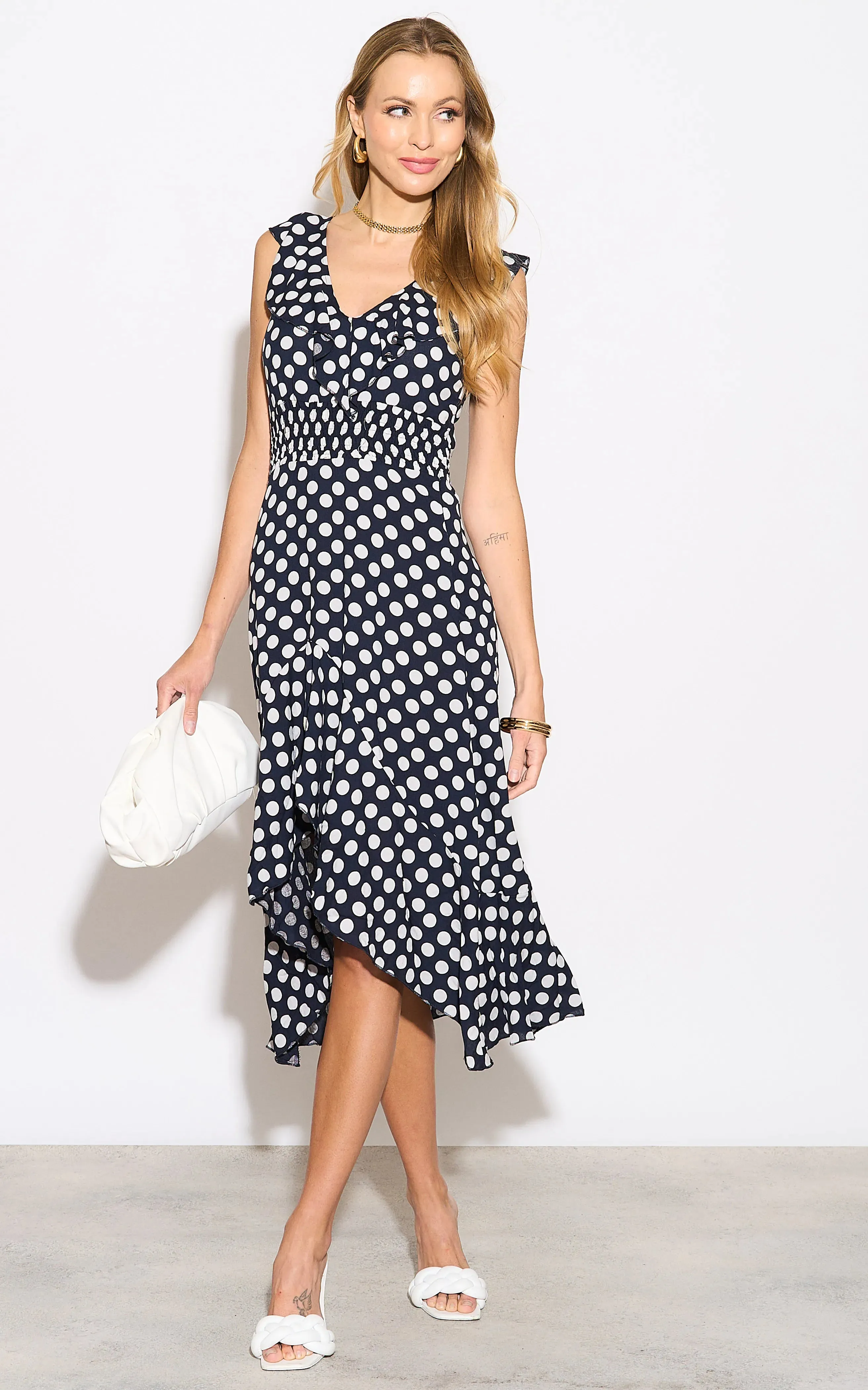 Flirty Ruffle Midi Dress in Dots