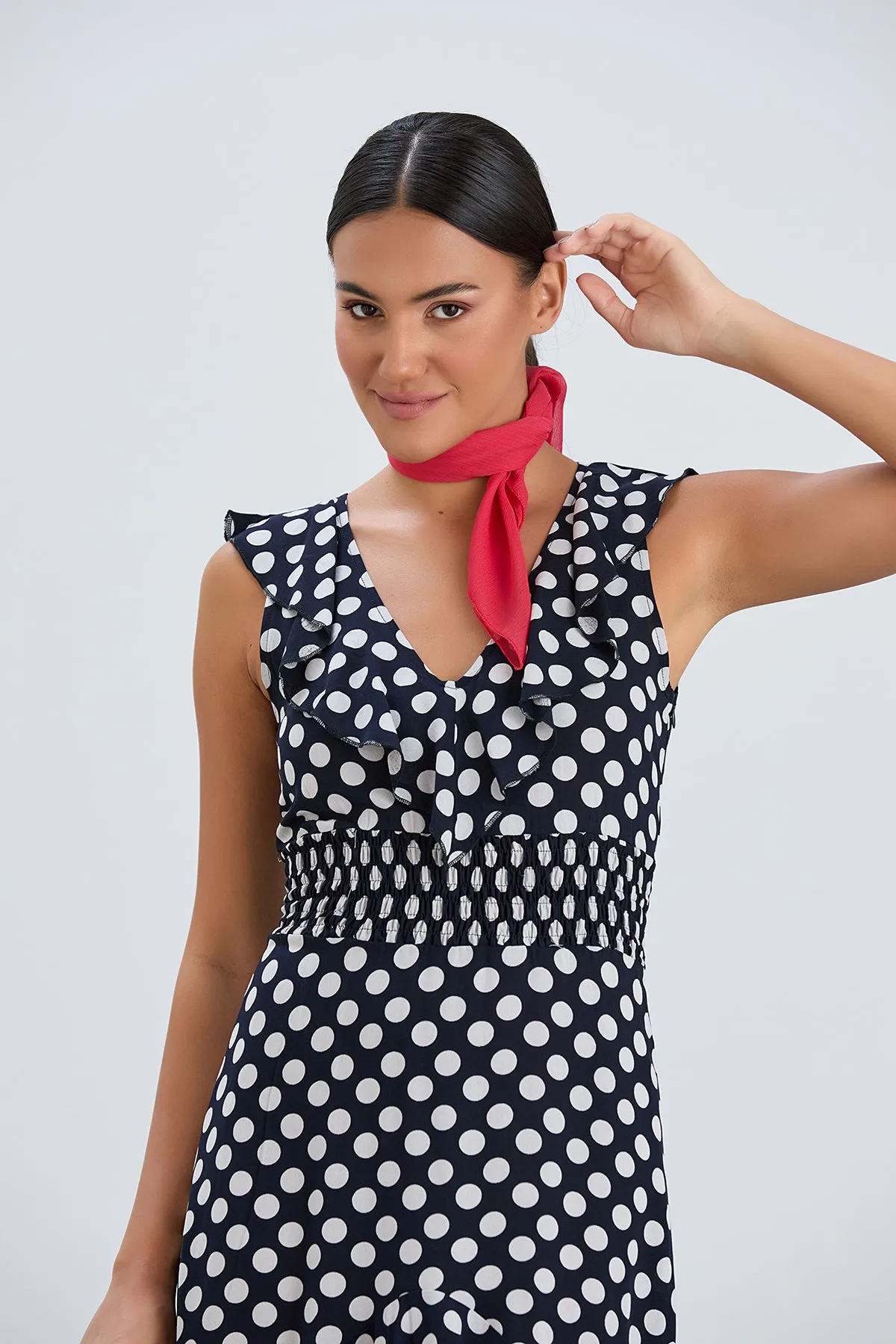 Flirty Ruffle Midi Dress in Dots