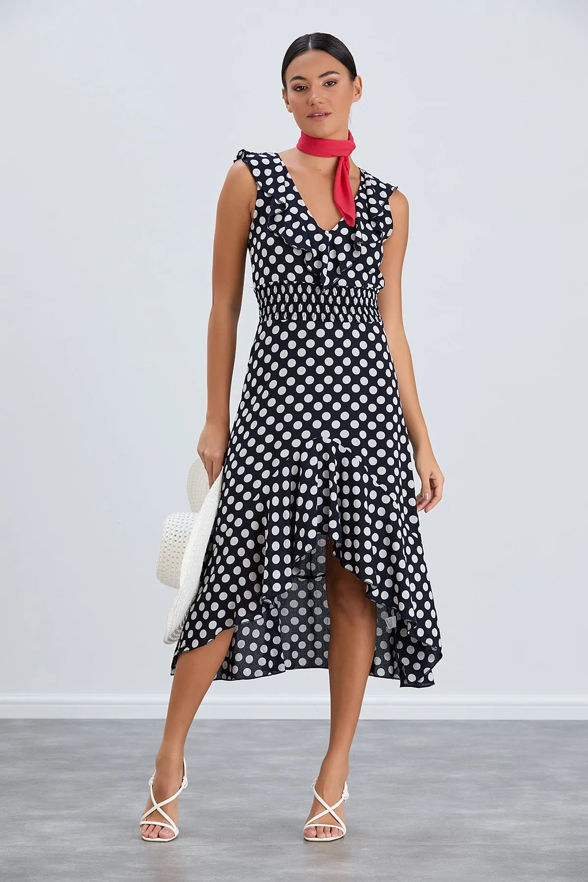Flirty Ruffle Midi Dress in Dots