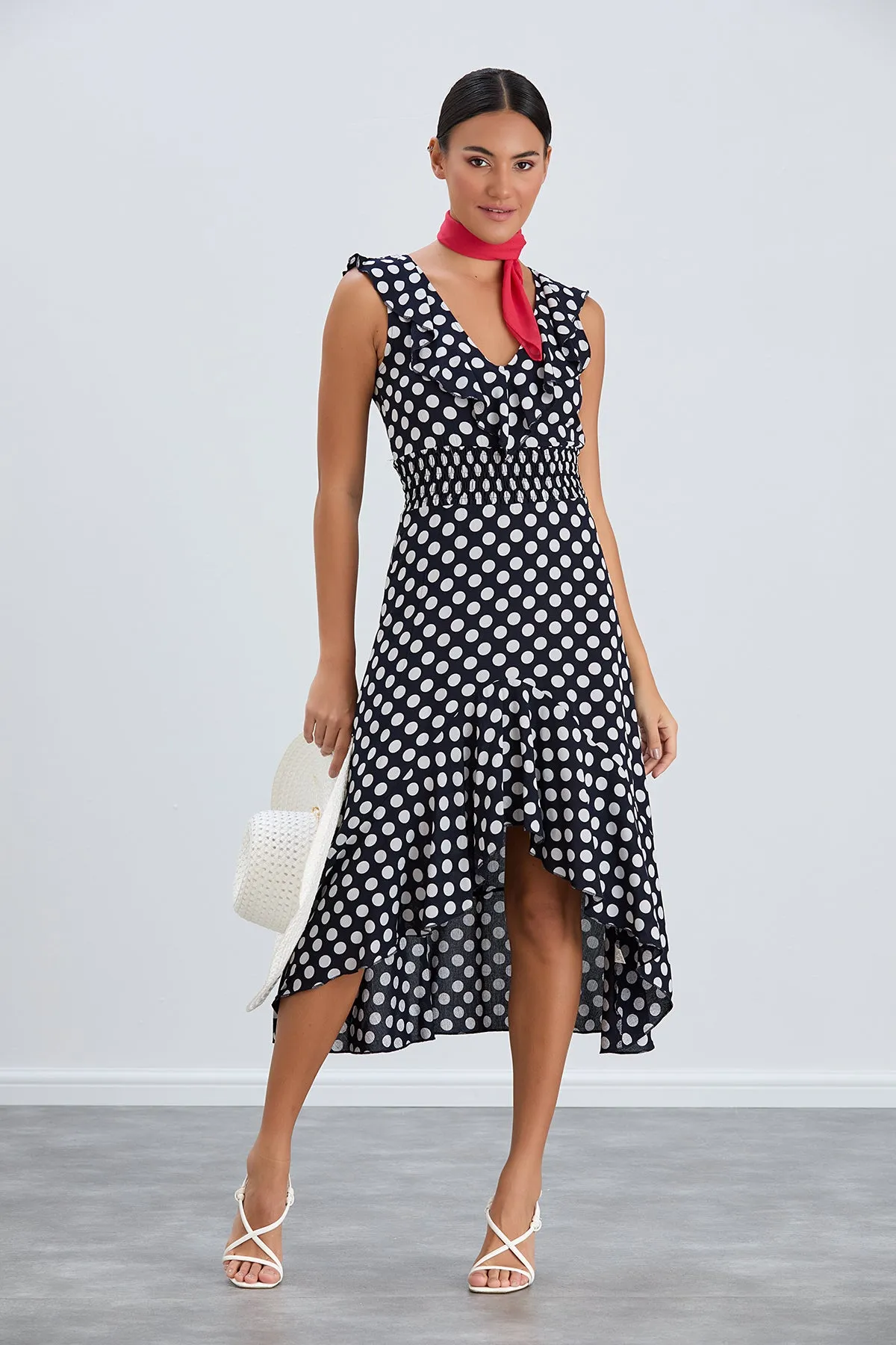 Flirty Ruffle Midi Dress in Dots