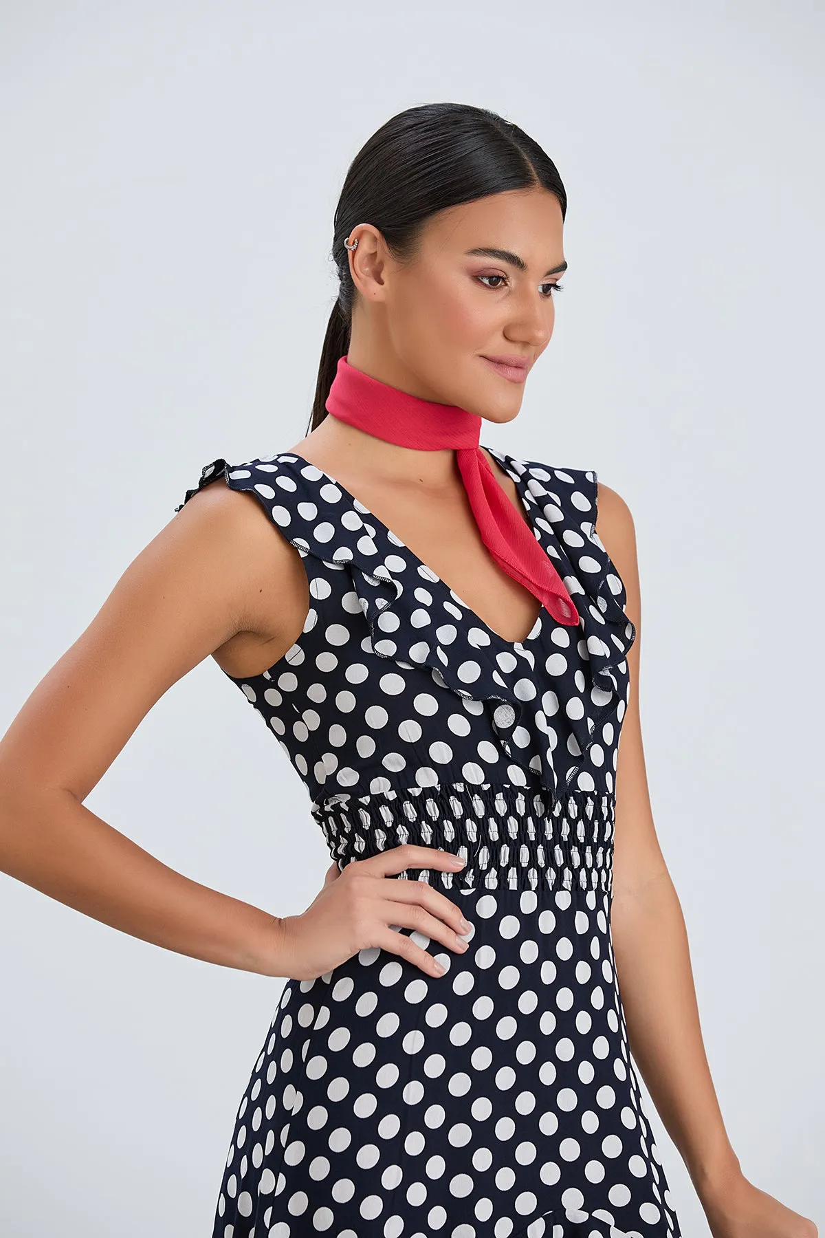 Flirty Ruffle Midi Dress in Dots