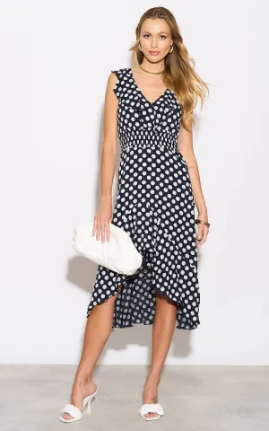Flirty Ruffle Midi Dress in Dots