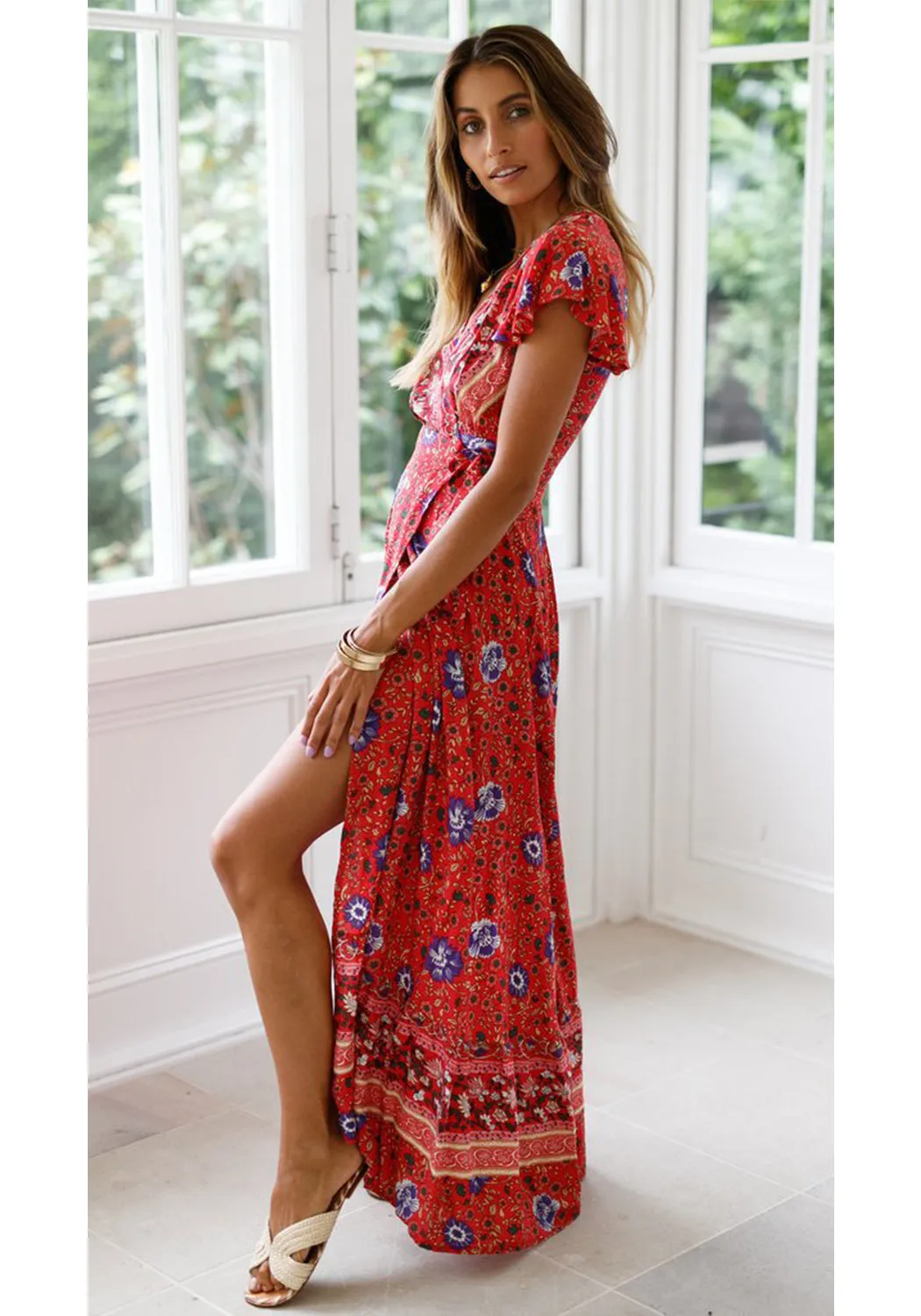 Flower Long Maxi Wrap Dress