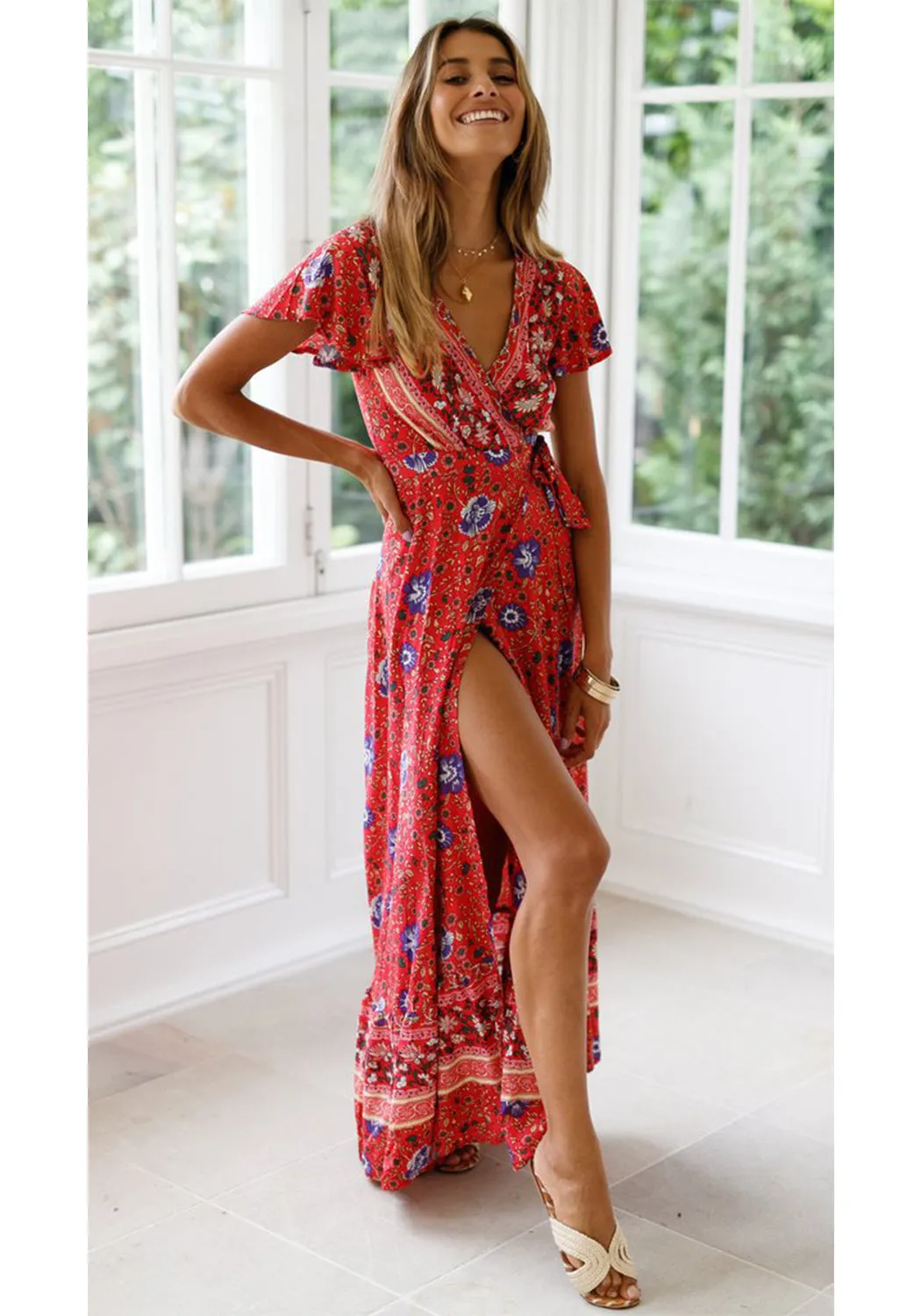 Flower Long Maxi Wrap Dress