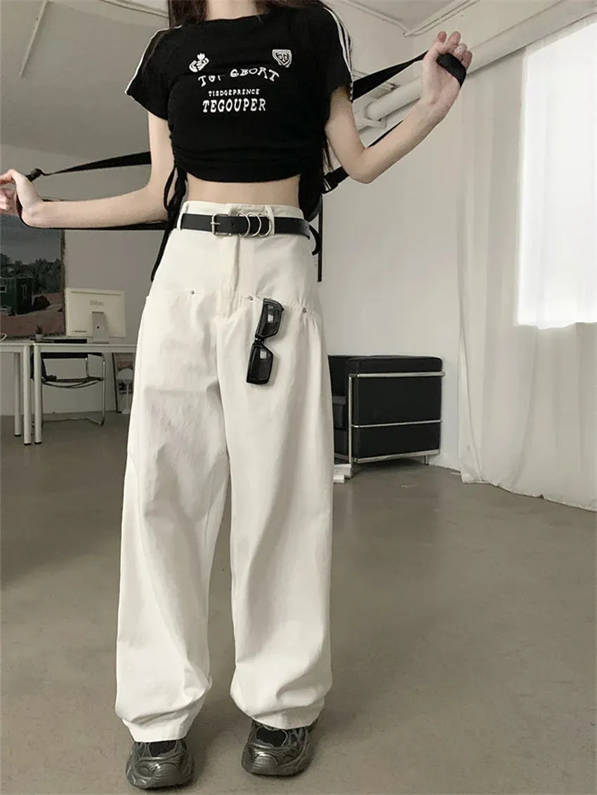 Girlary Women Straight Pants With Belt Casual All Match OL Spring Fashion Minimalist 2024 Loose Streetwear High Waist Slim New