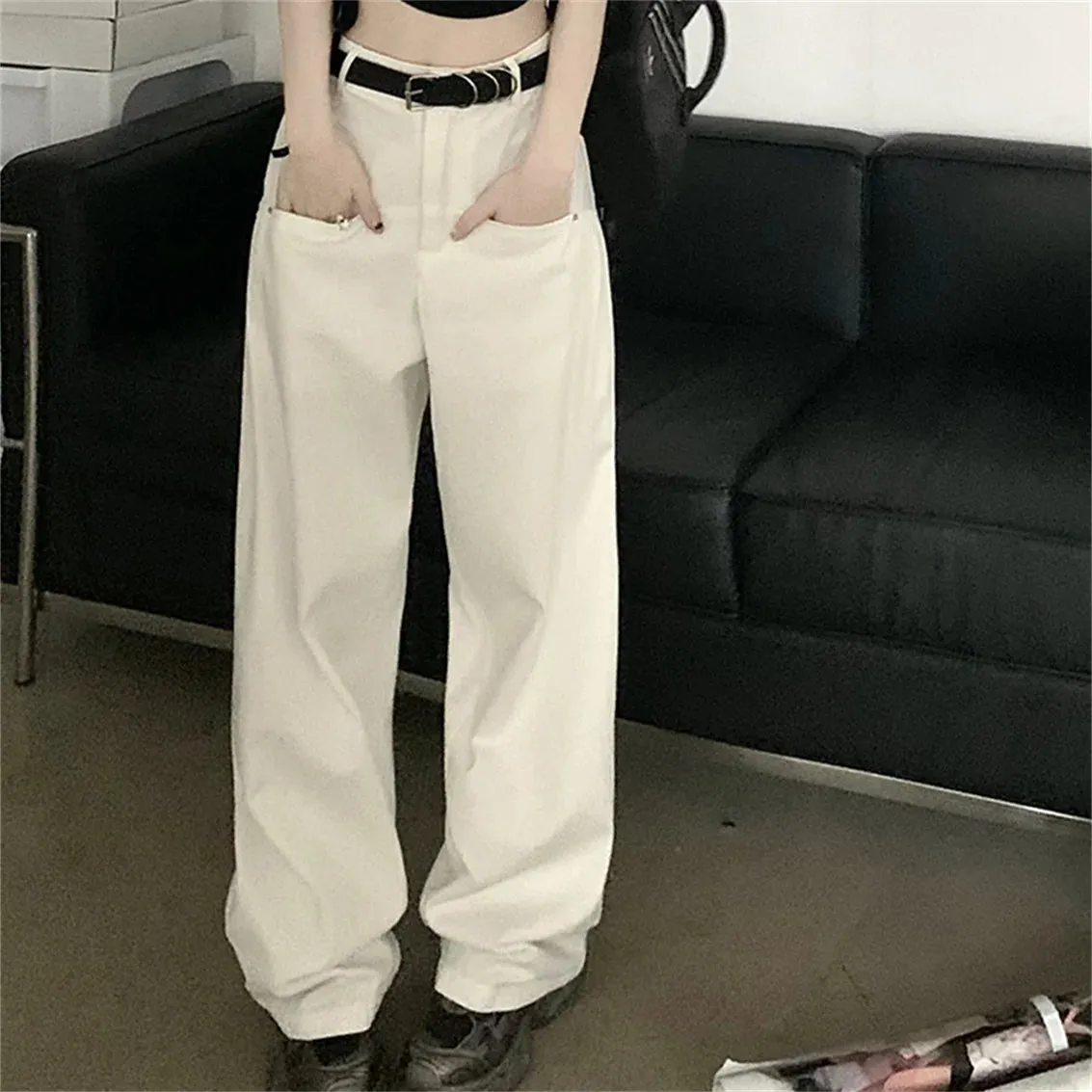 Girlary Women Straight Pants With Belt Casual All Match OL Spring Fashion Minimalist 2024 Loose Streetwear High Waist Slim New