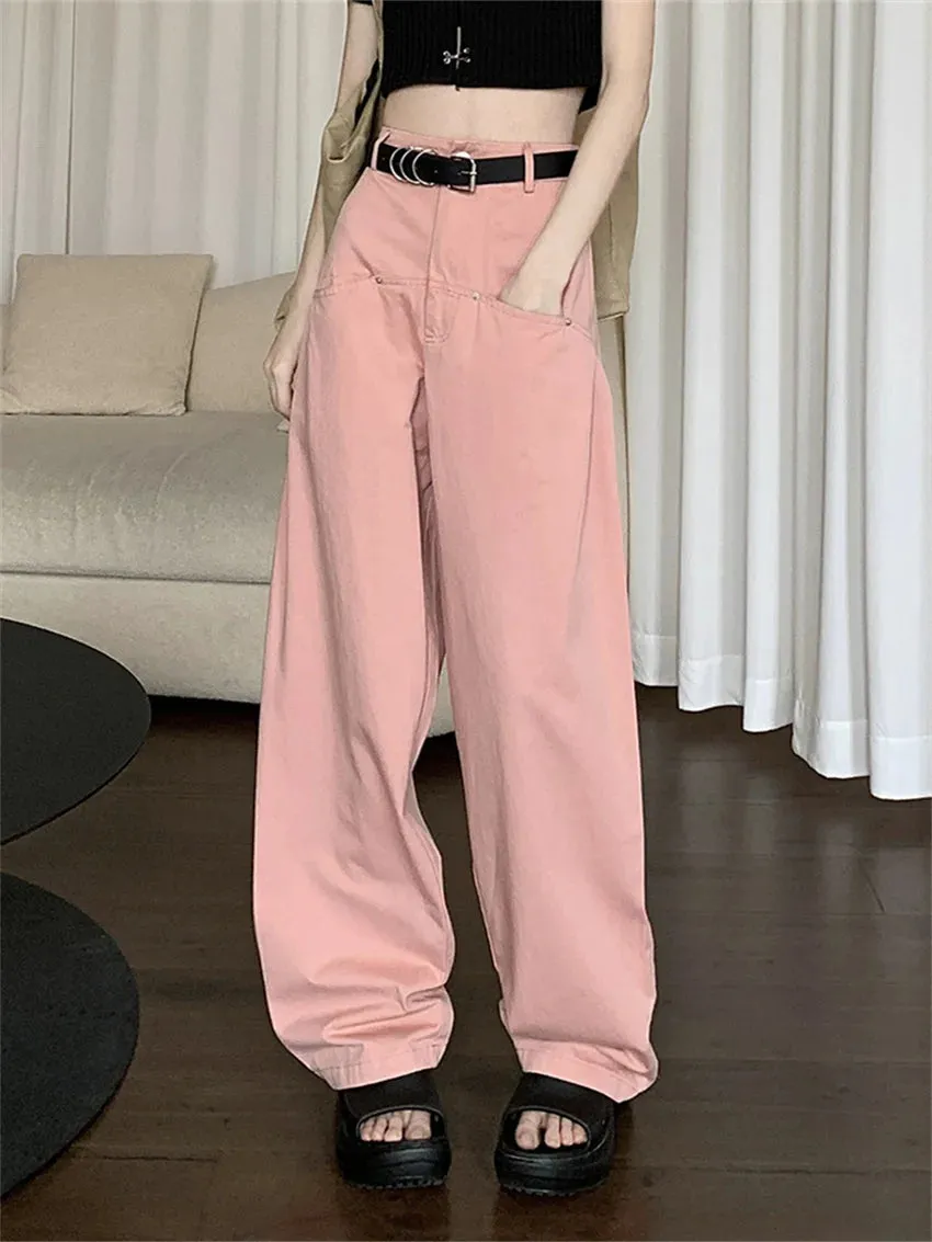 Girlary Women Straight Pants With Belt Casual All Match OL Spring Fashion Minimalist 2024 Loose Streetwear High Waist Slim New
