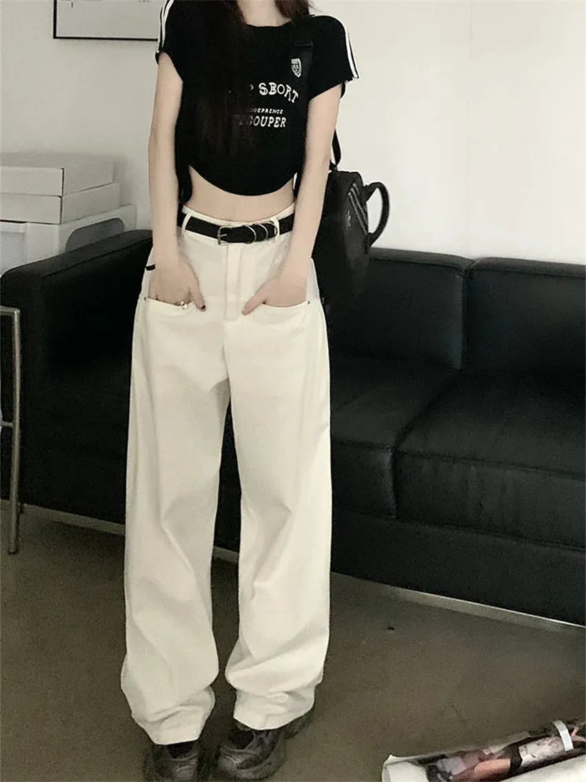 Girlary Women Straight Pants With Belt Casual All Match OL Spring Fashion Minimalist 2024 Loose Streetwear High Waist Slim New