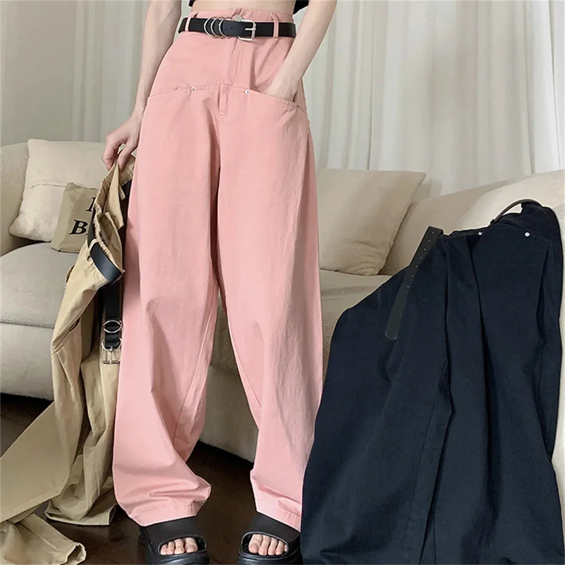 Girlary Women Straight Pants With Belt Casual All Match OL Spring Fashion Minimalist 2024 Loose Streetwear High Waist Slim New