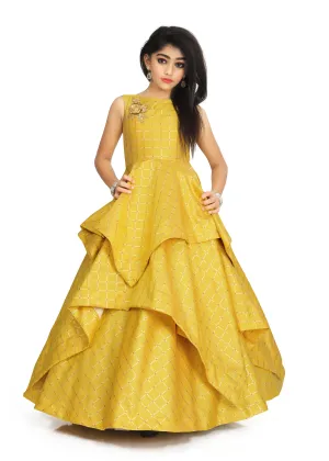 Girl’s Yellow Full Length Readymade Ruffle Dresses