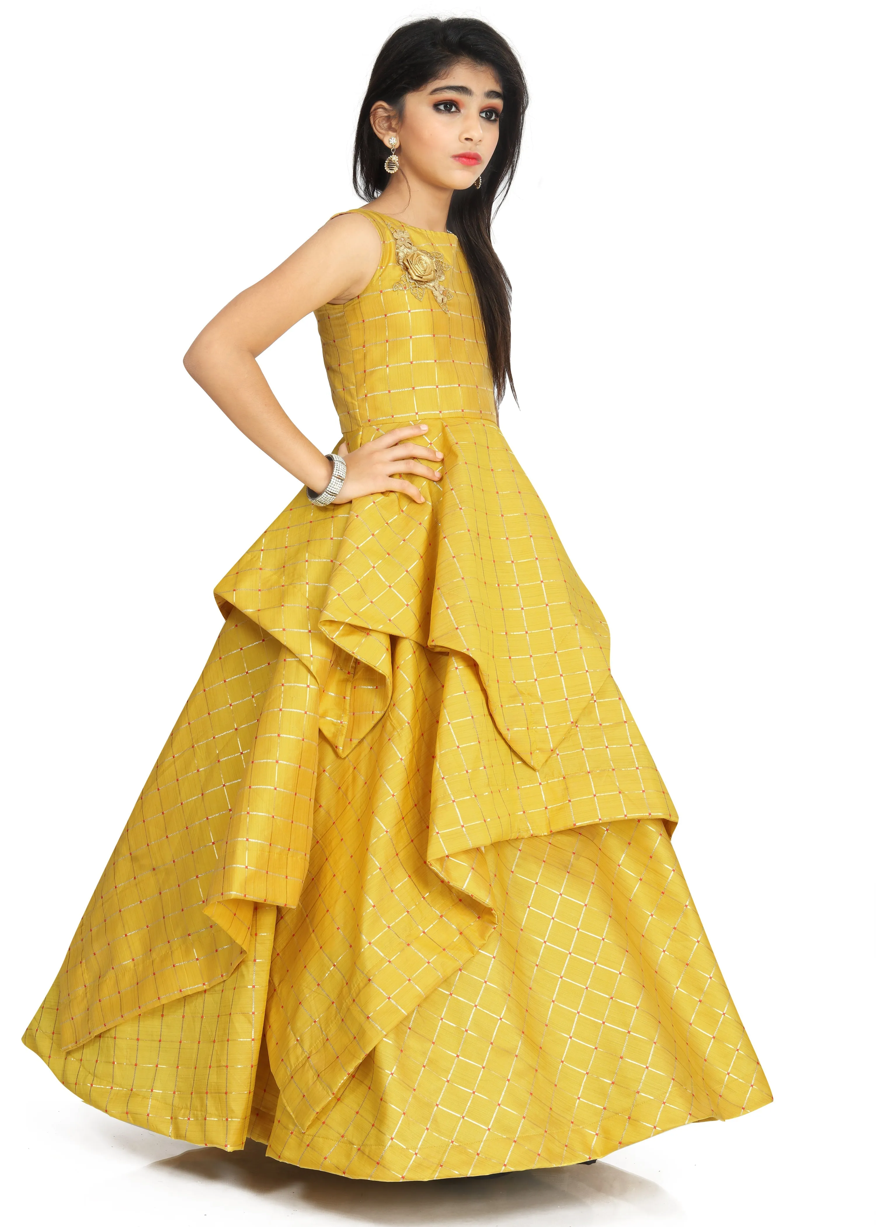 Girl’s Yellow Full Length Readymade Ruffle Dresses