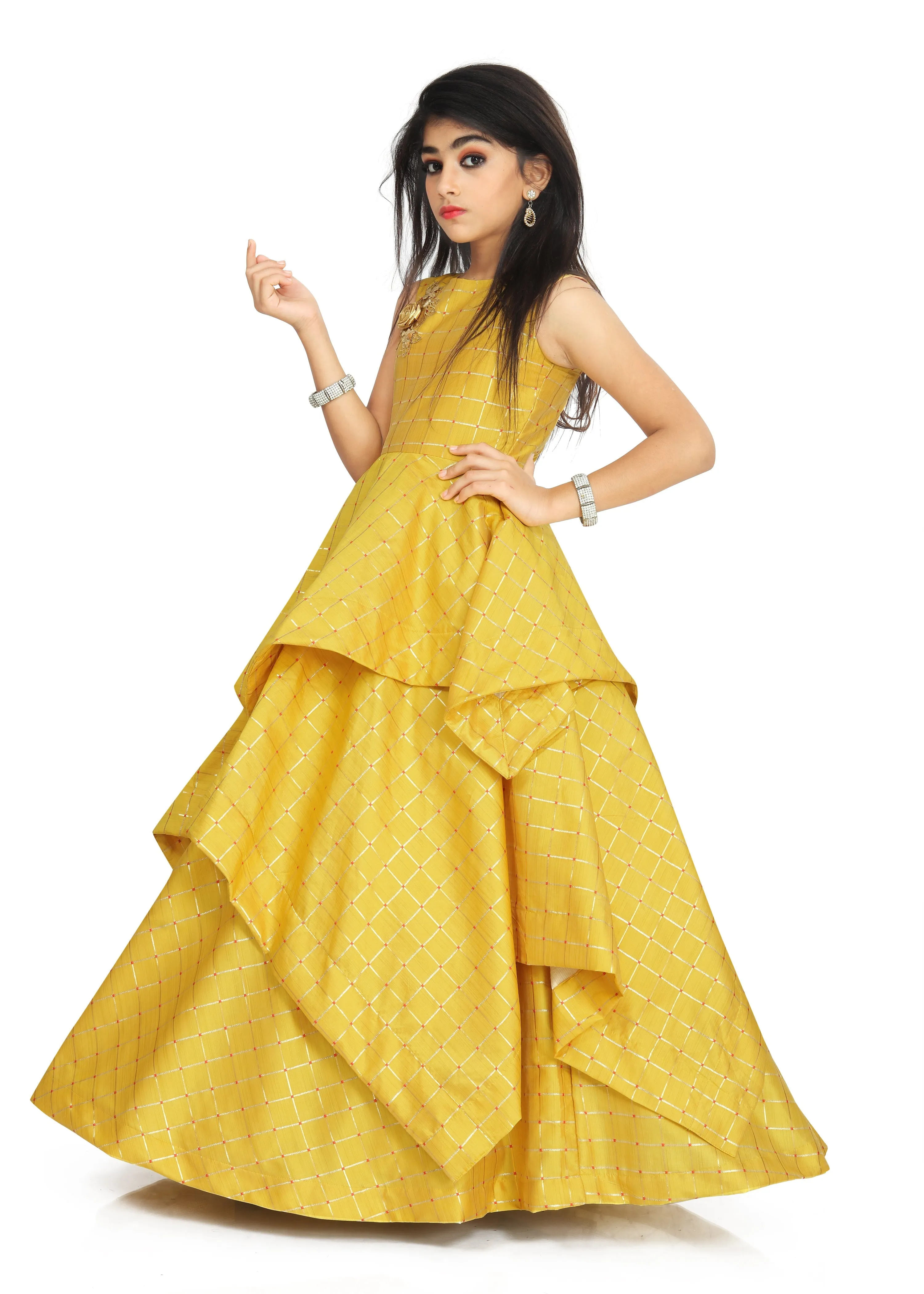 Girl’s Yellow Full Length Readymade Ruffle Dresses