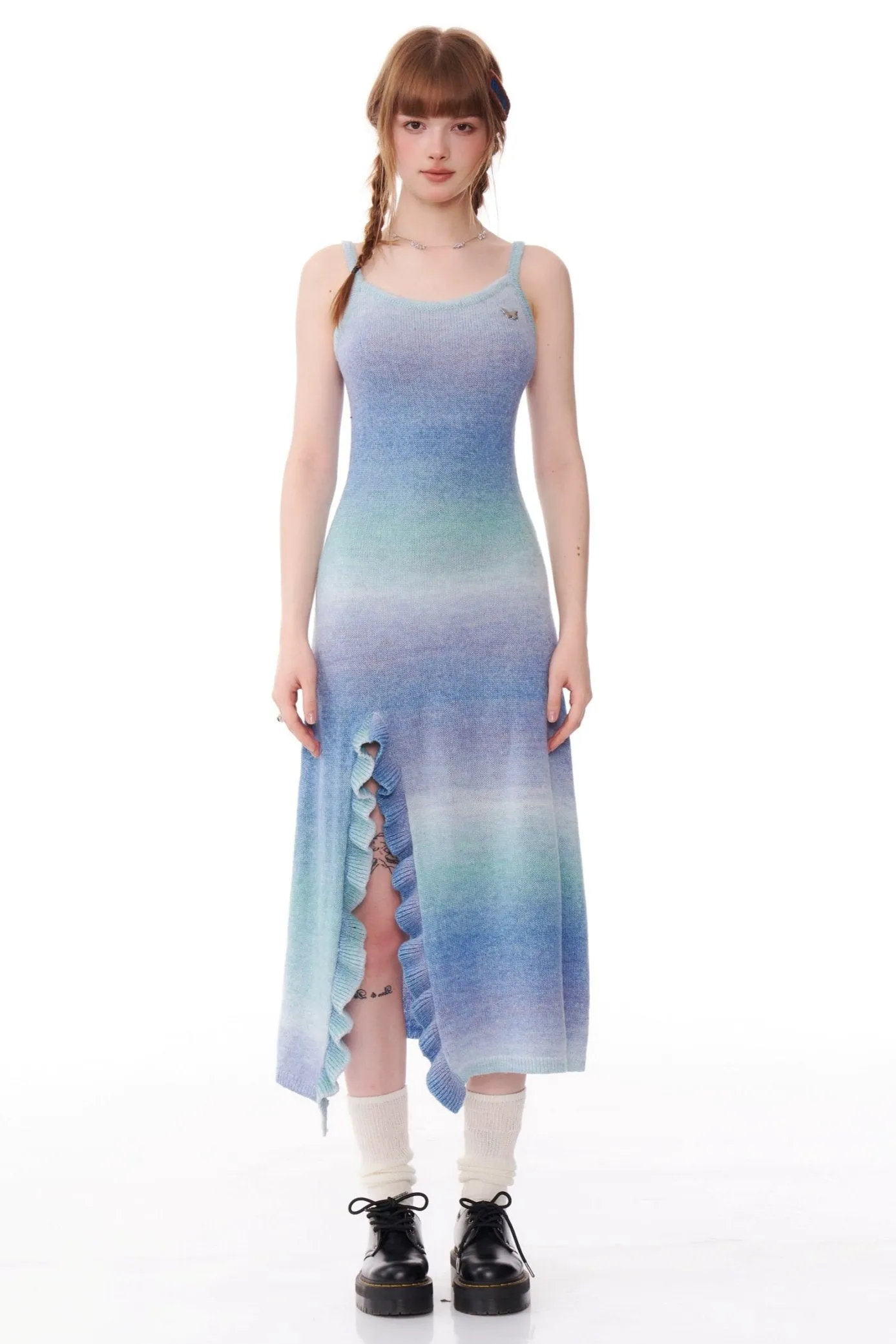 Gradient Contrast Slit Knit Dress