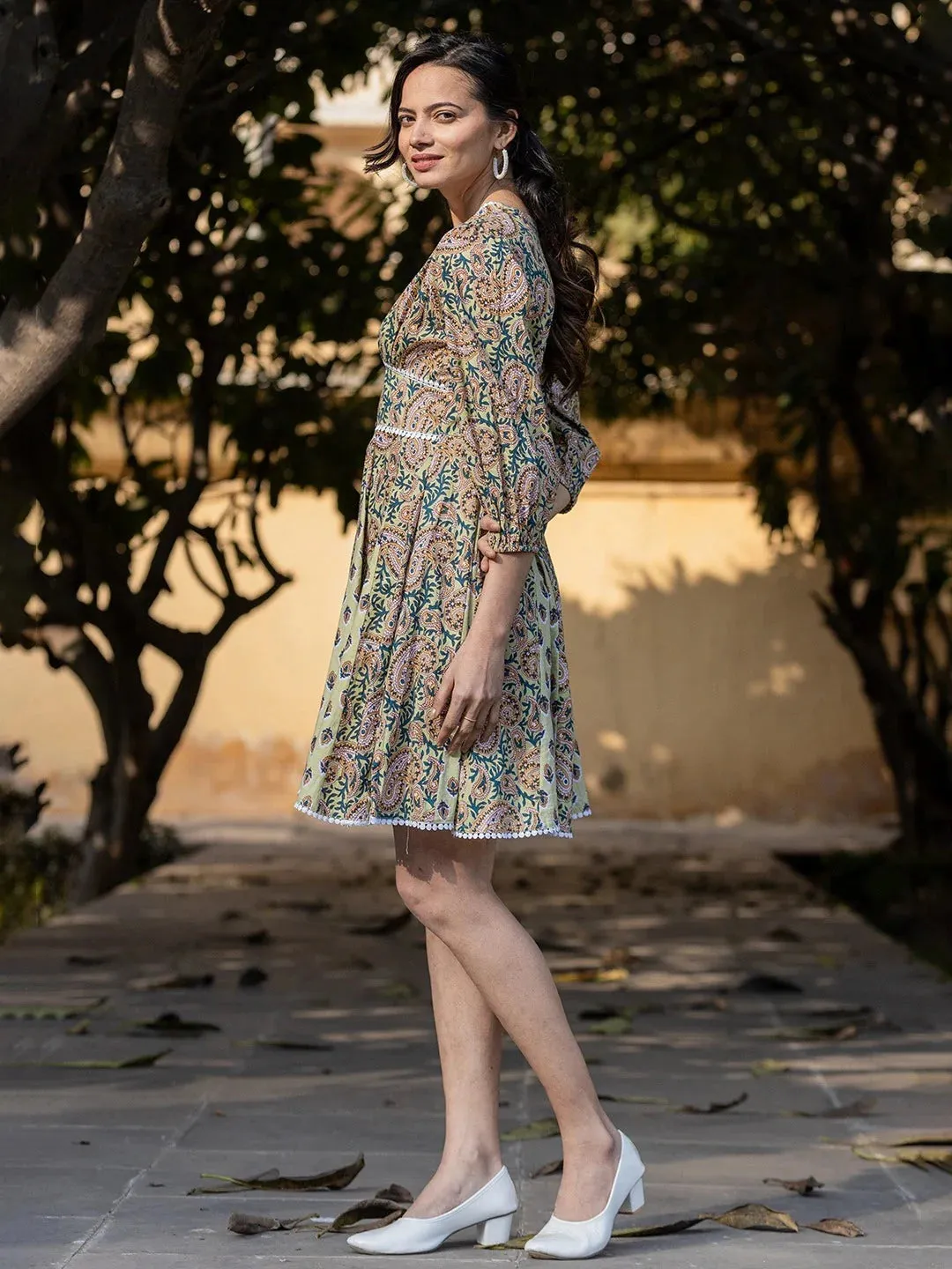 Green & White Cotton Paisley Print Empire Dress