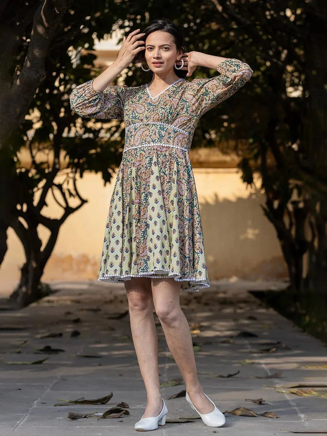Green & White Cotton Paisley Print Empire Dress