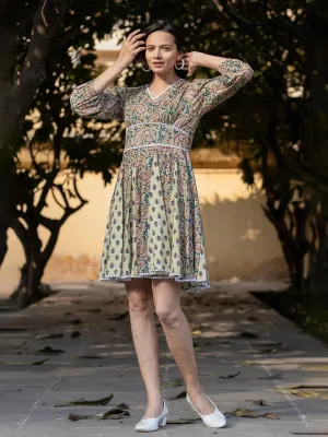 Green & White Cotton Paisley Print Empire Dress