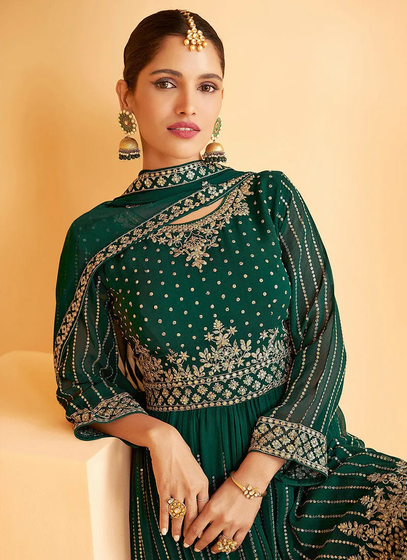 Green Georgette Embroidered Sharara Style Suit