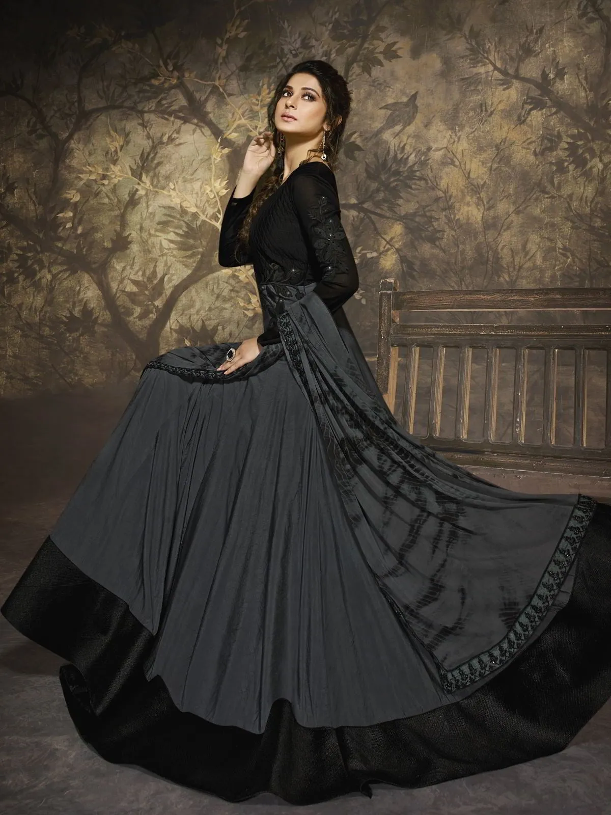 Grey And Black Minimalist Embroidered Party Wear Anarkali Suit