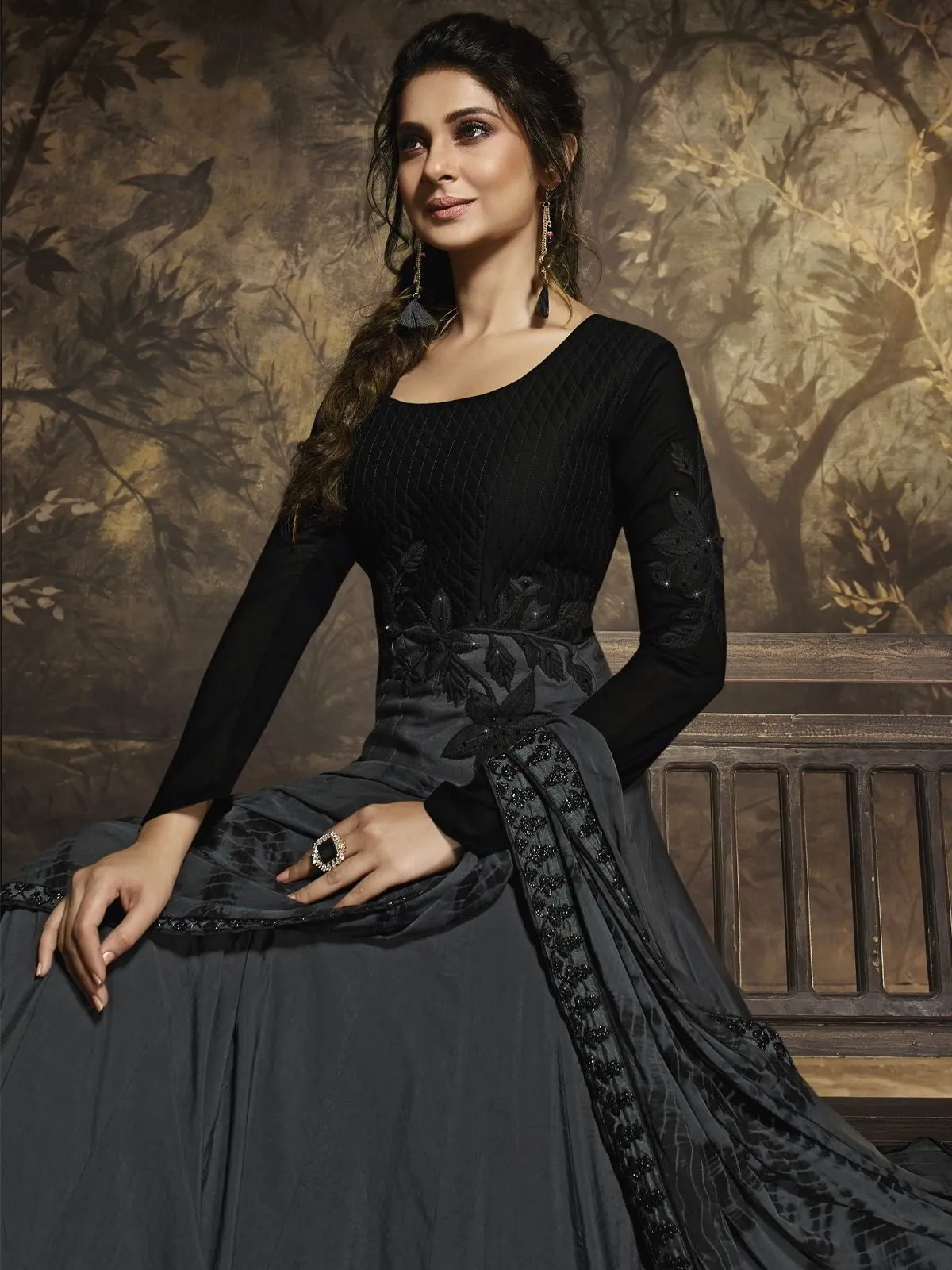 Grey And Black Minimalist Embroidered Party Wear Anarkali Suit