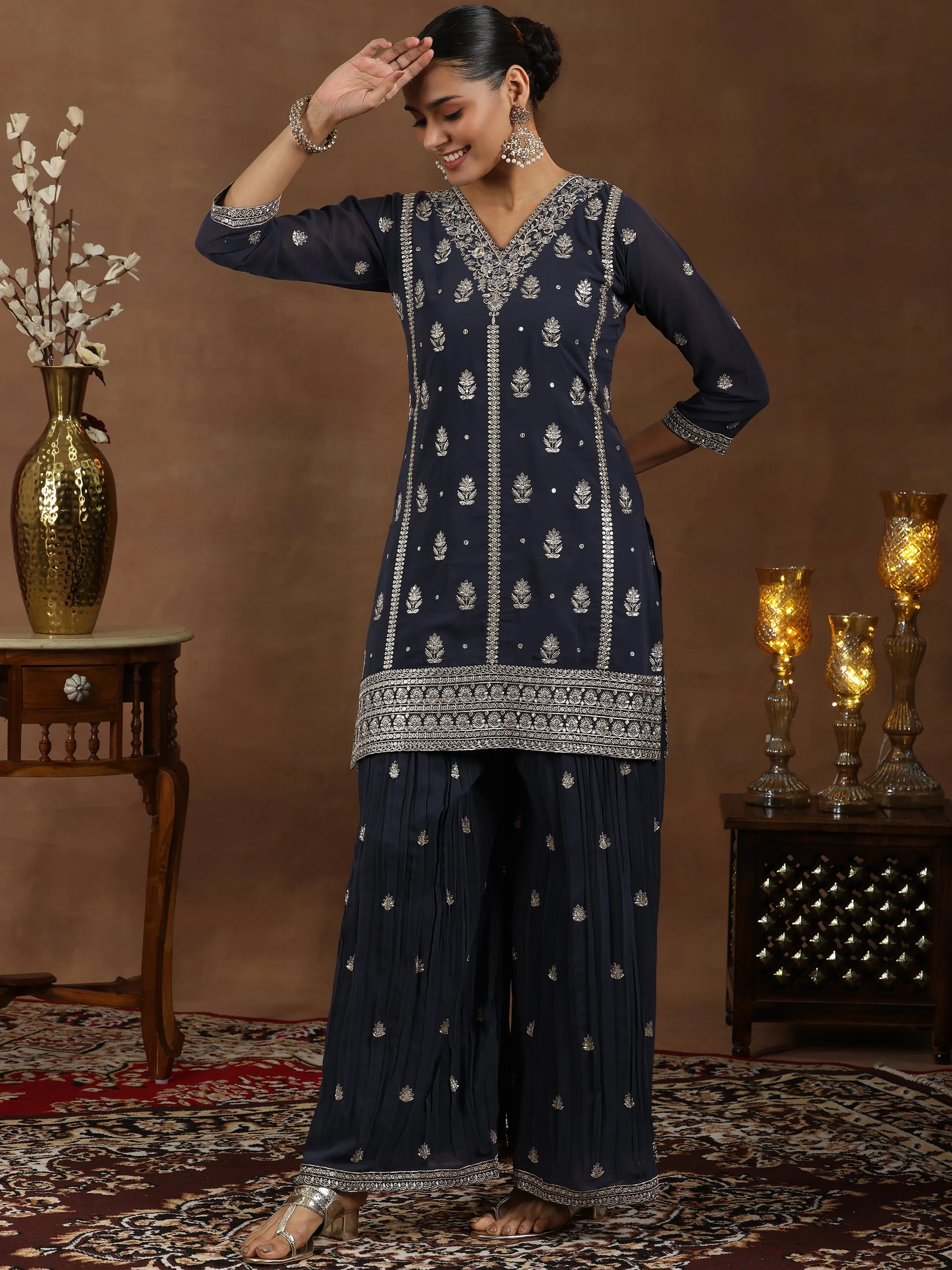 Grey Embroidered Georgette Straight Suit With Dupatta