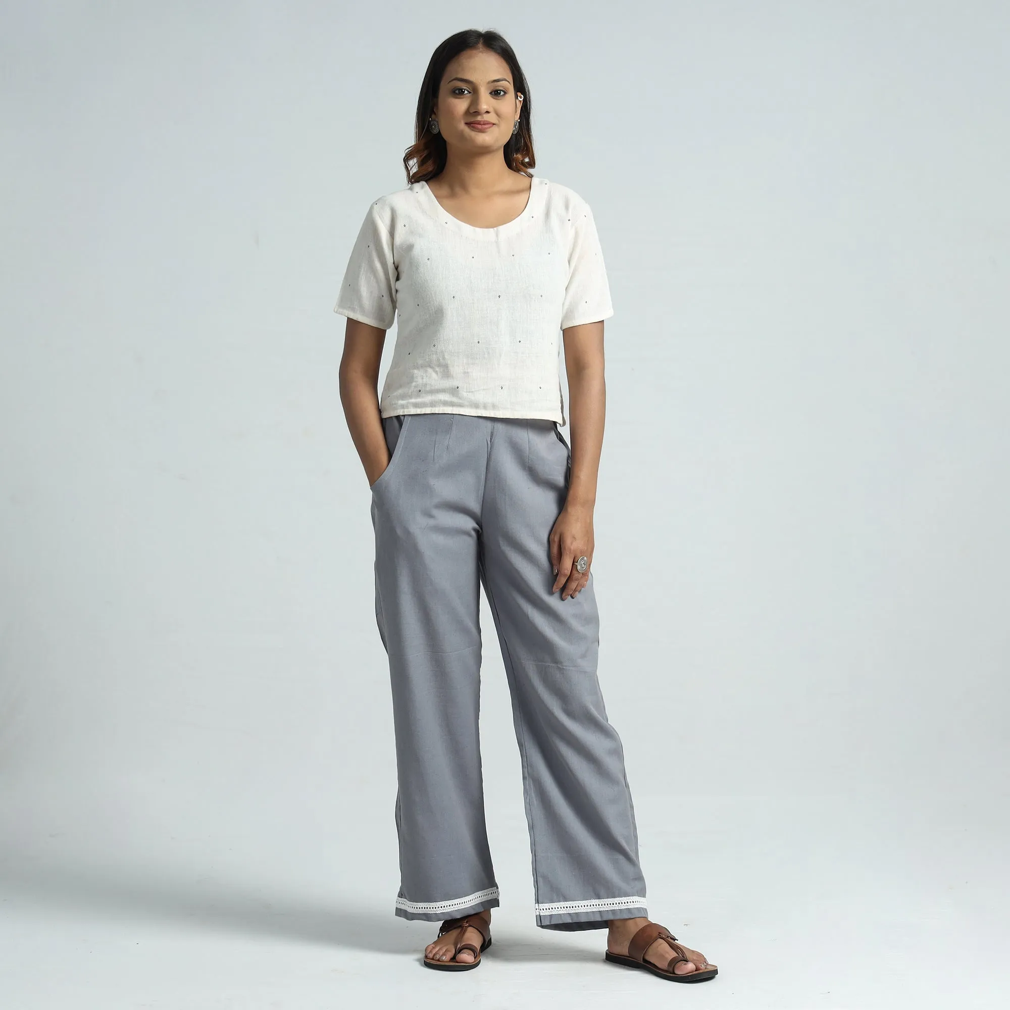Grey - Plain Flex Cotton Elasticated Palazzo with Lace Work 07