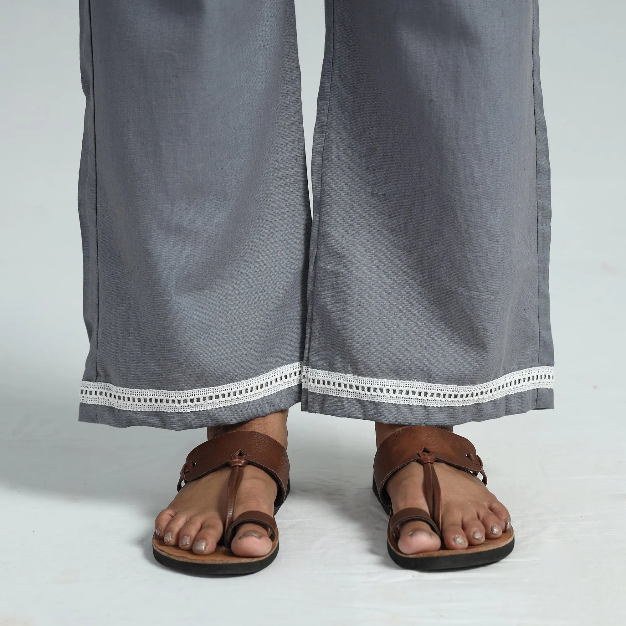 Grey - Plain Flex Cotton Elasticated Palazzo with Lace Work 07