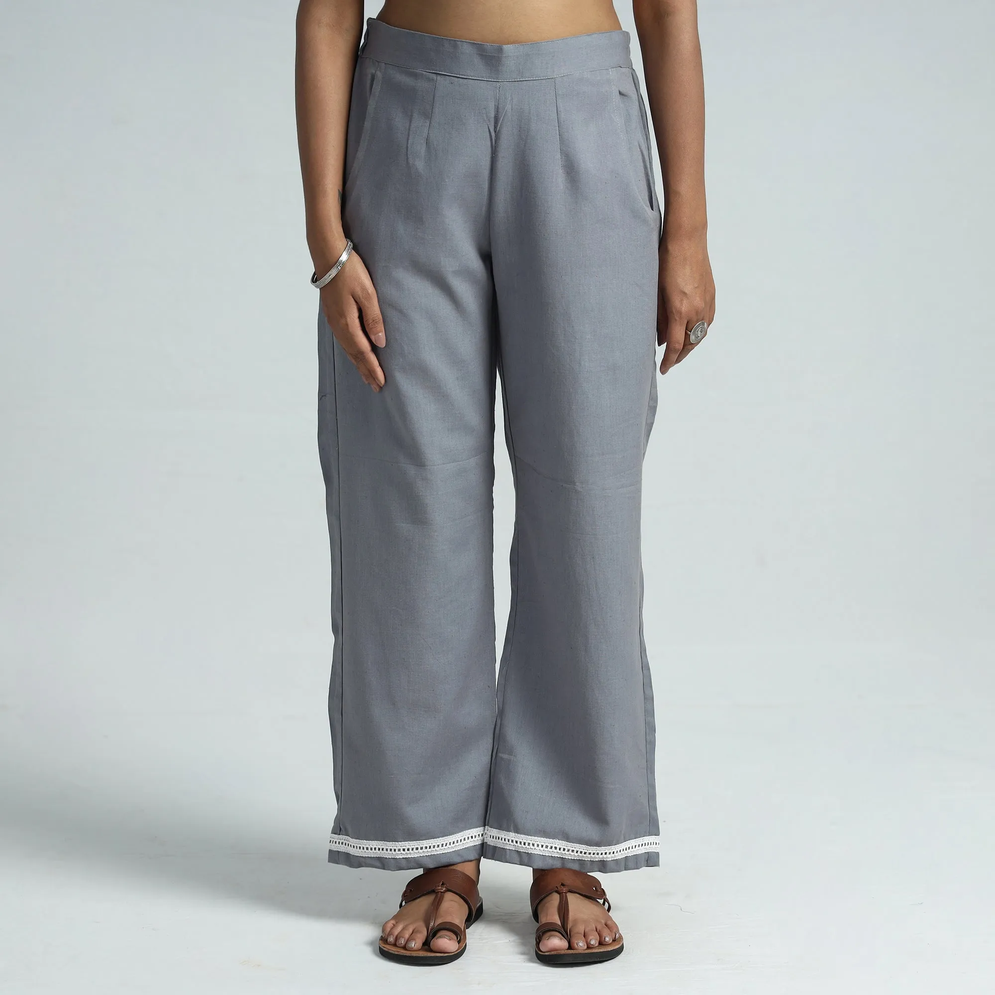 Grey - Plain Flex Cotton Elasticated Palazzo with Lace Work 07