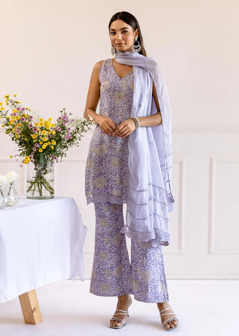 Greyish Purple Muslin Silk 3-Piece Kurta Set