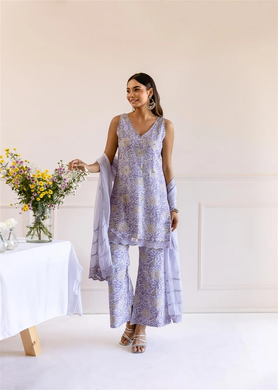 Greyish Purple Muslin Silk 3-Piece Kurta Set