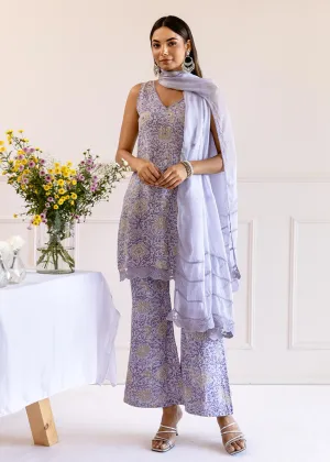 Greyish Purple Muslin Silk 3-Piece Kurta Set