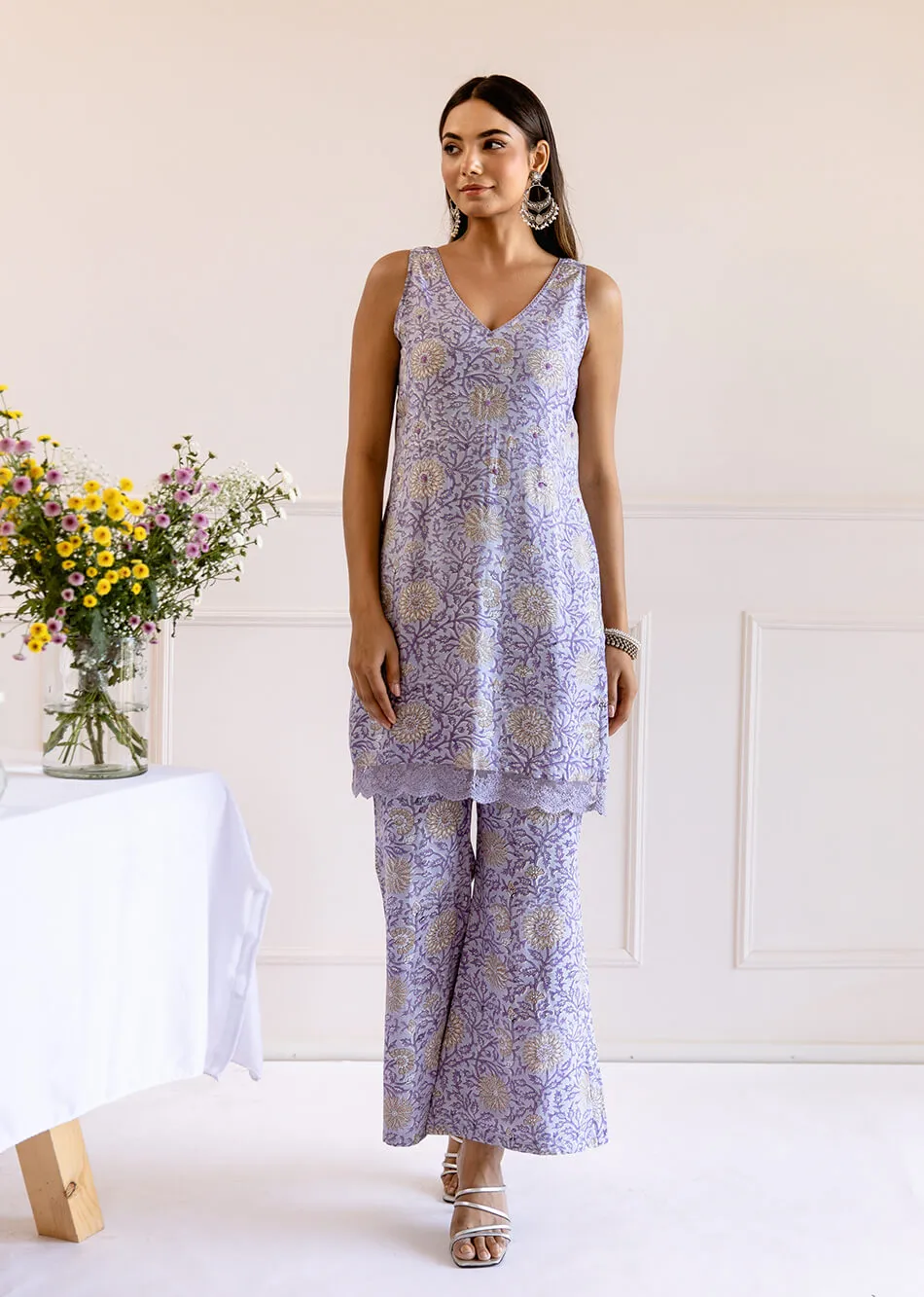 Greyish Purple Muslin Silk 3-Piece Kurta Set