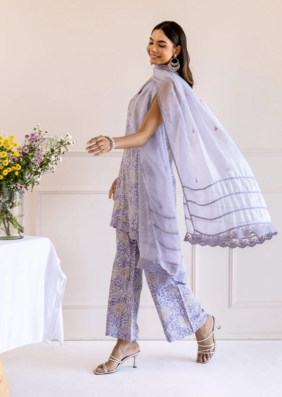 Greyish Purple Muslin Silk 3-Piece Kurta Set