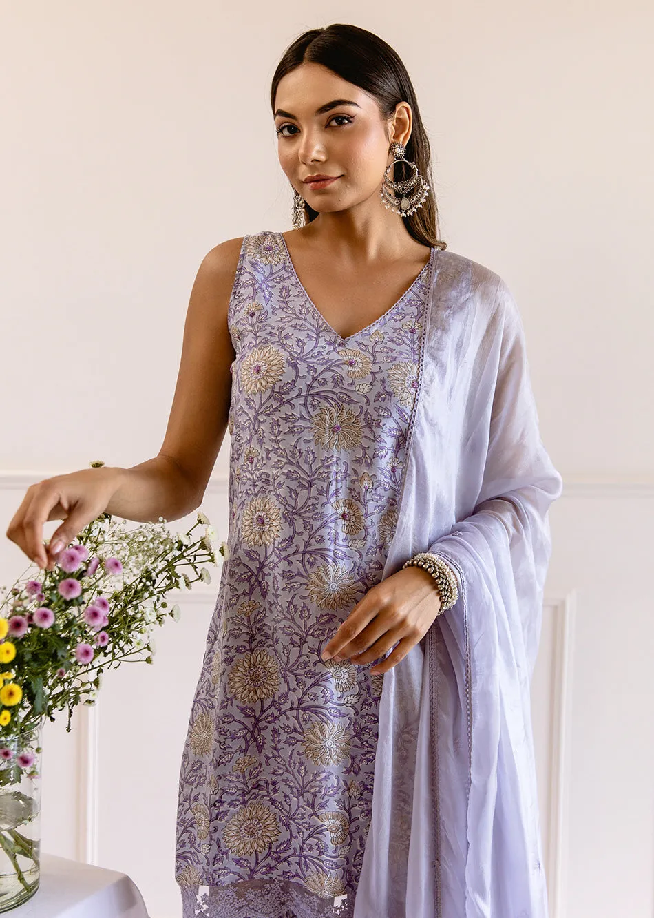 Greyish Purple Muslin Silk 3-Piece Kurta Set