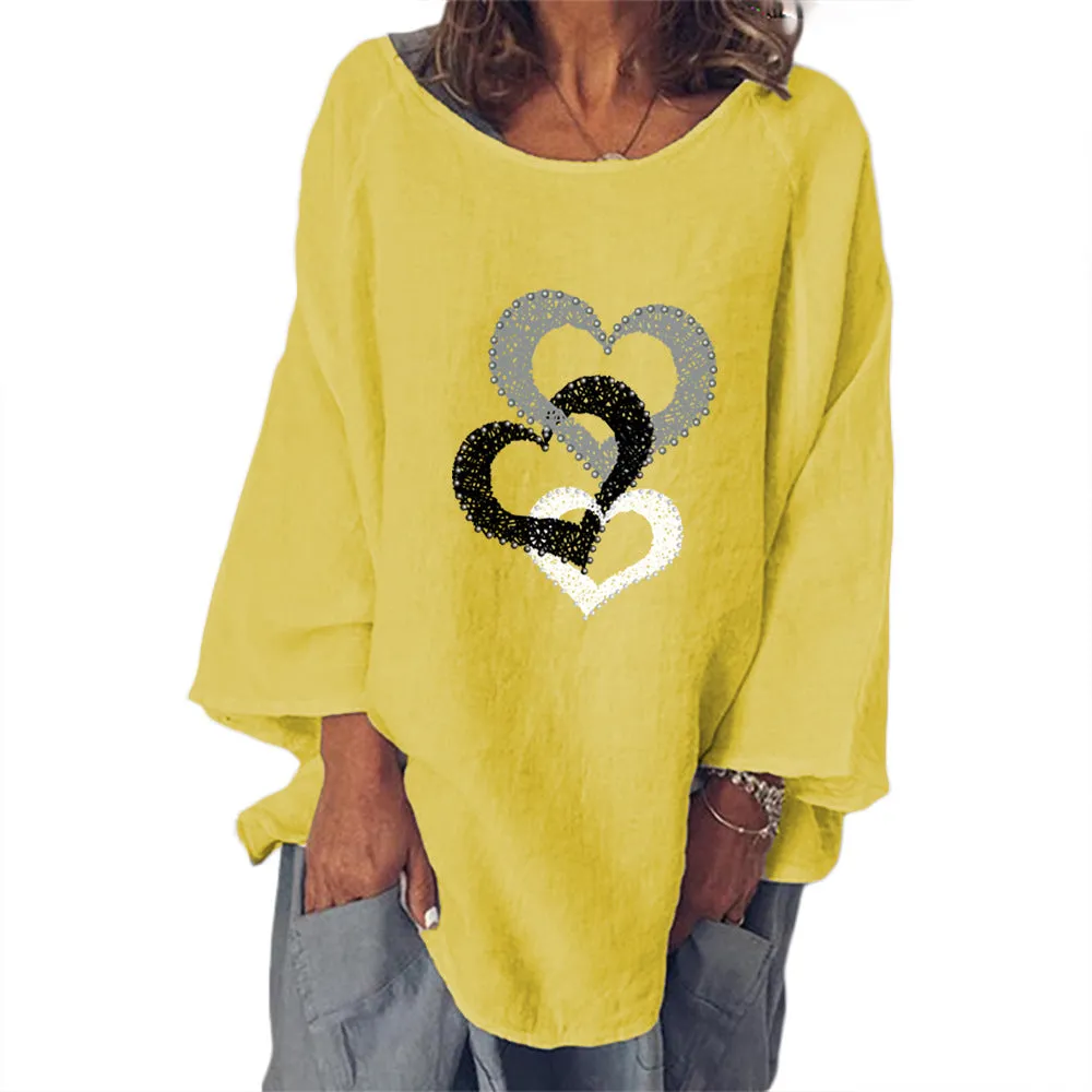 Heart Print Cotton Linen T-Shirt Women Wholesale