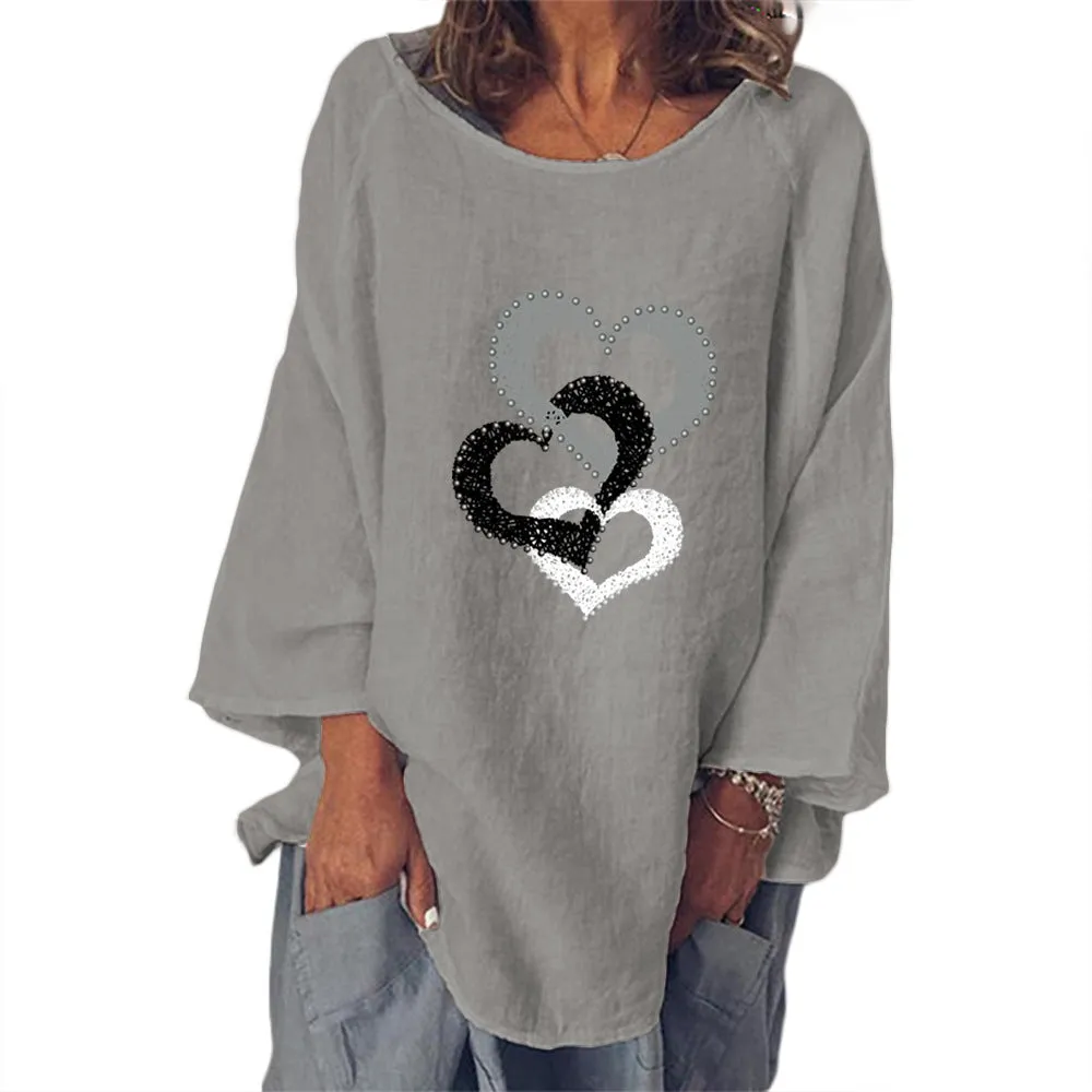 Heart Print Cotton Linen T-Shirt Women Wholesale
