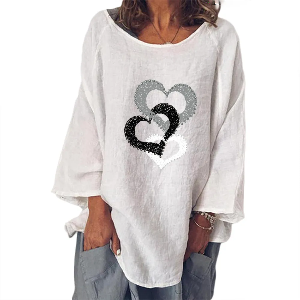 Heart Print Cotton Linen T-Shirt Women Wholesale