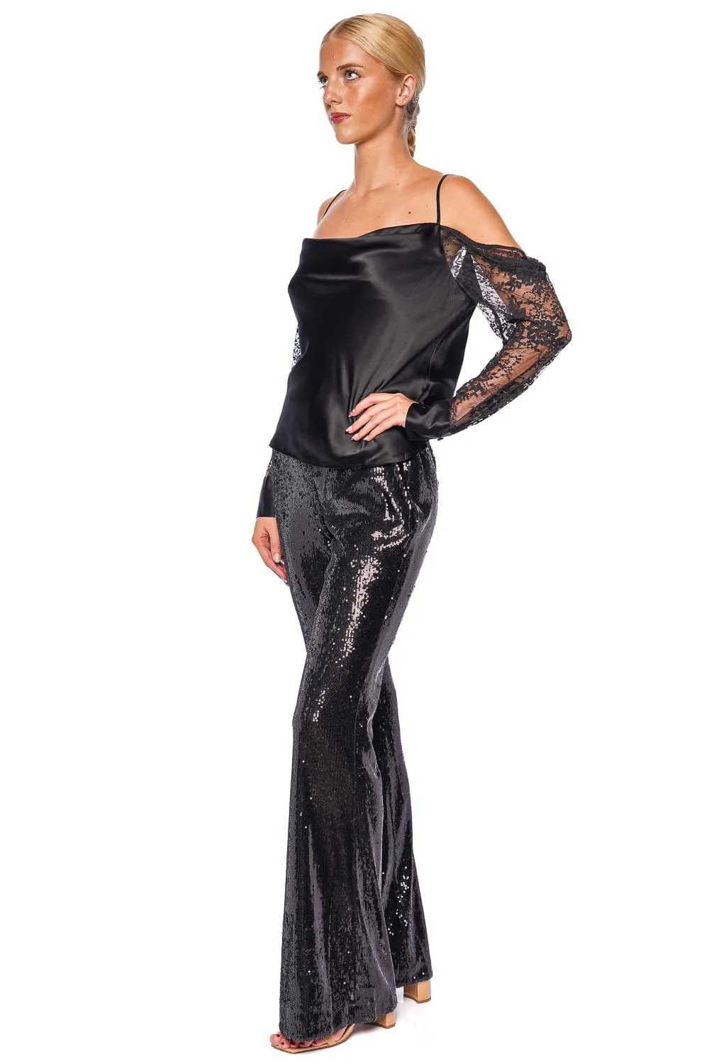 Honor Black Sequin Flared Pant