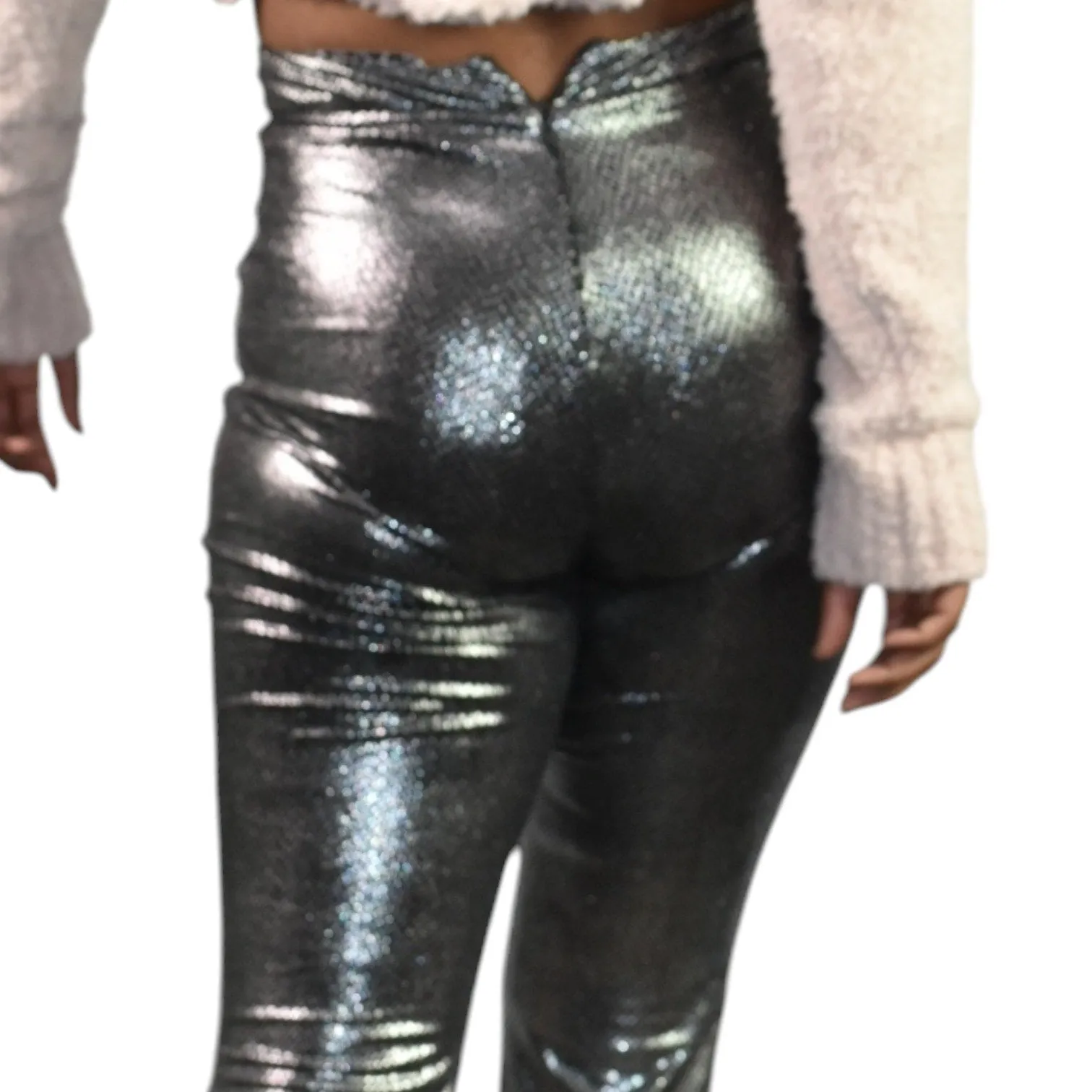 I Am Gia Tiger Mist Flare Pants Silver Metallic Bell Bottom High Rise Flare Textured Snakeskin Size Small