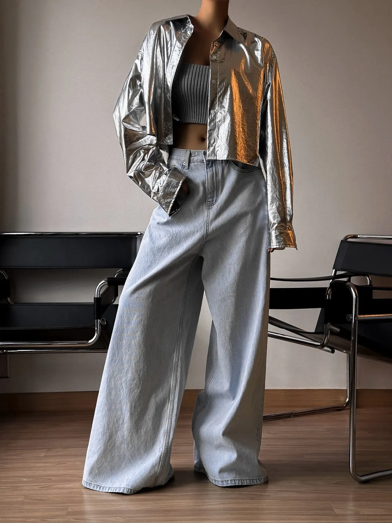 ICE BLUE WIDE LEG FLARED DENIM JEANS