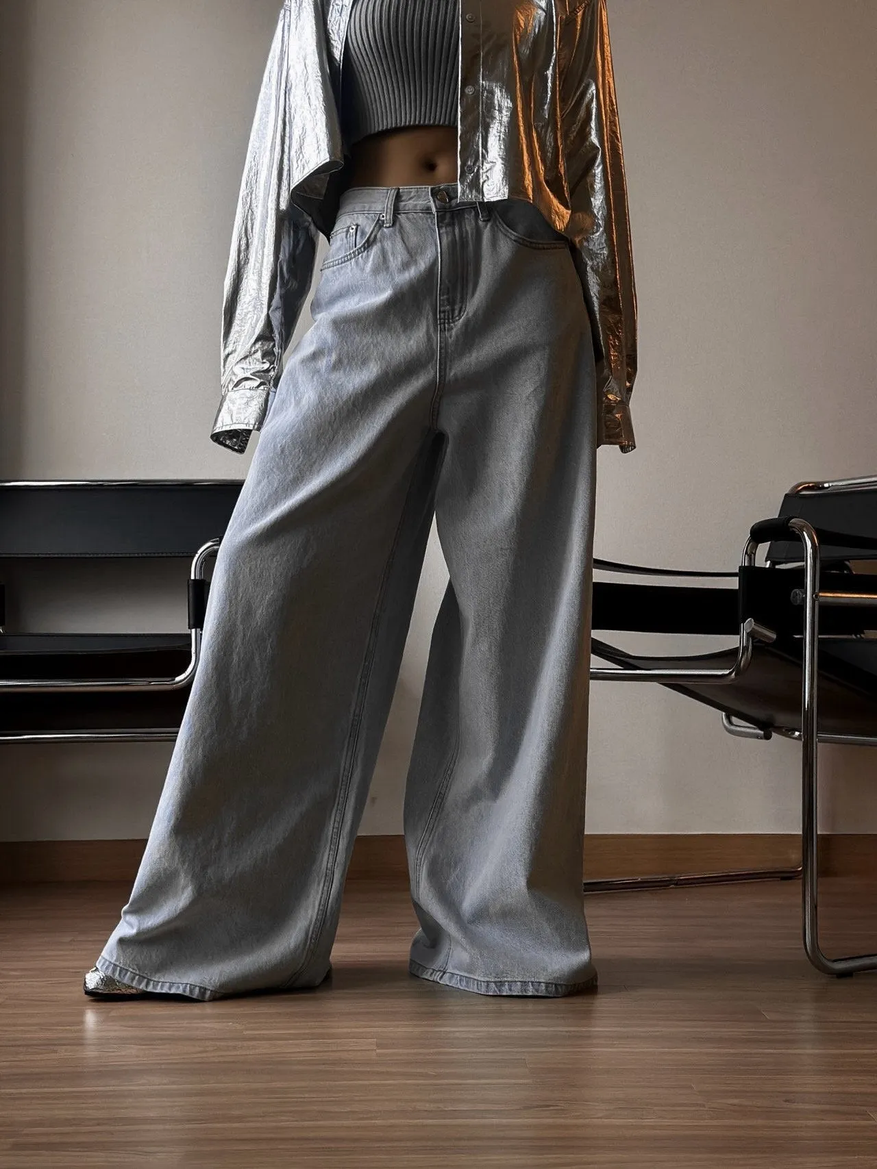 ICE BLUE WIDE LEG FLARED DENIM JEANS