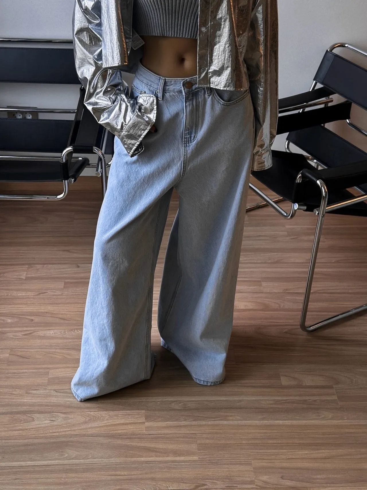 ICE BLUE WIDE LEG FLARED DENIM JEANS