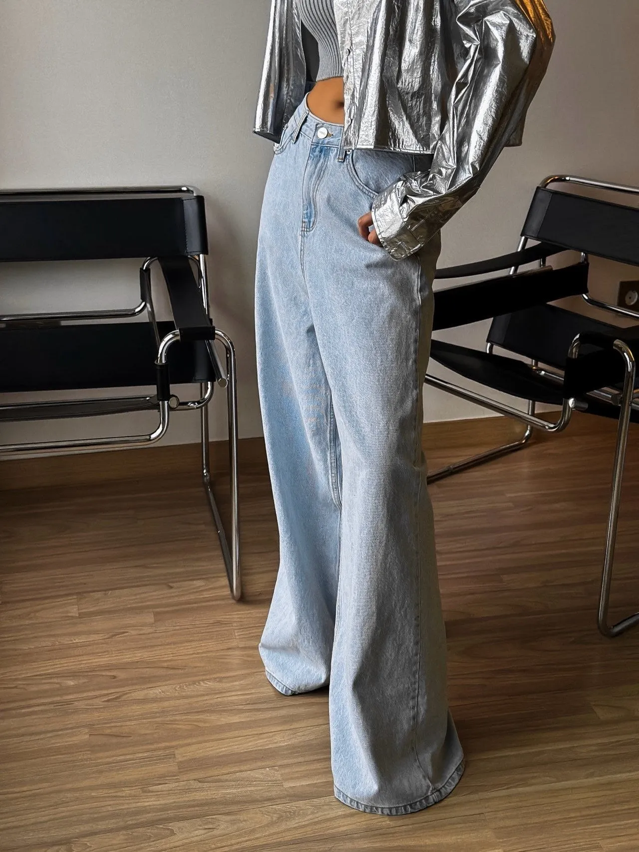 ICE BLUE WIDE LEG FLARED DENIM JEANS