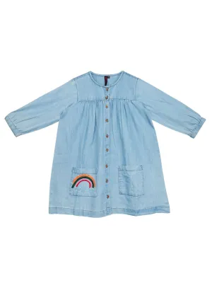 Ishin Girls Denim Cotton Embroidered Flared Dress