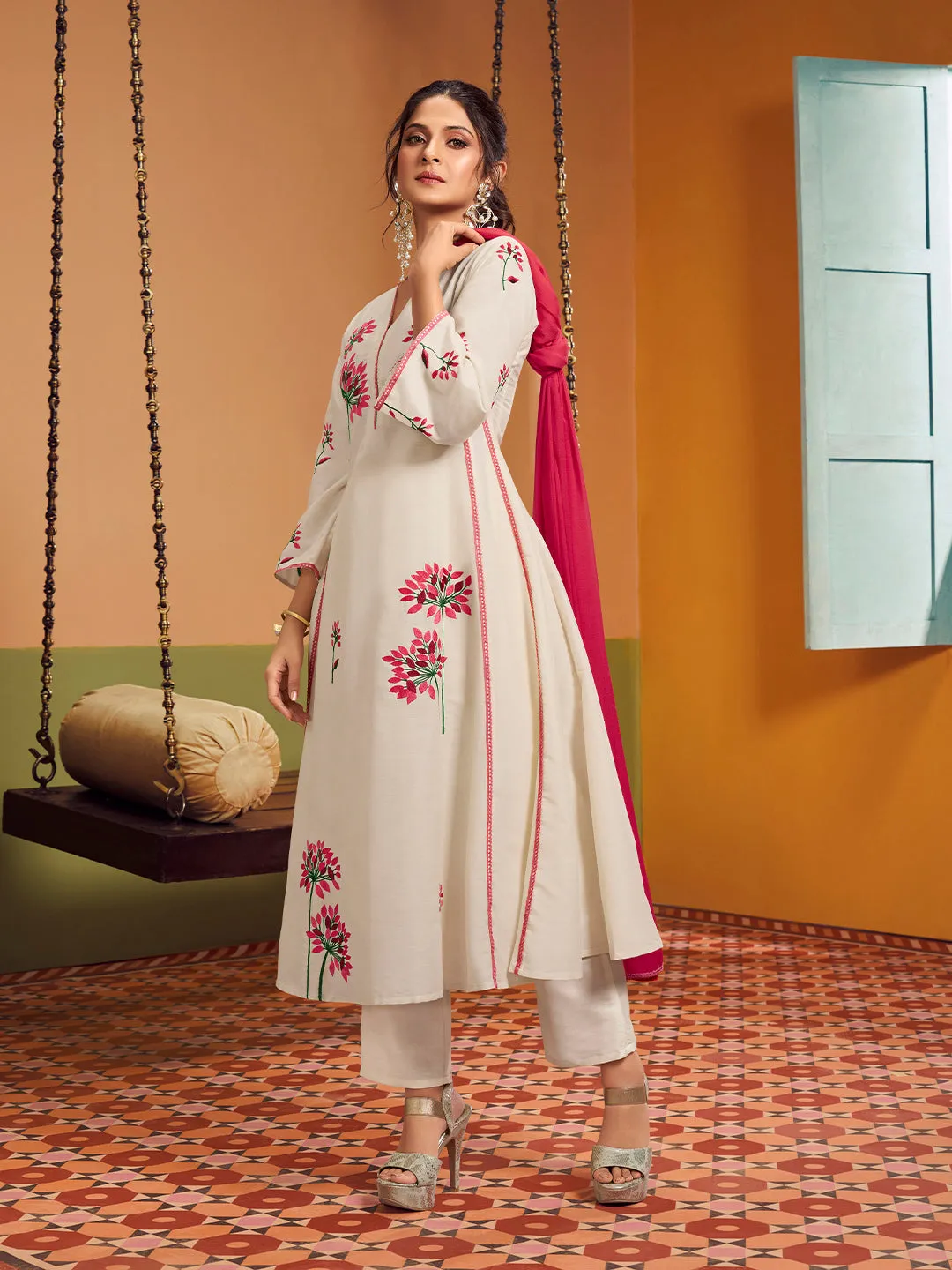 Jashvi Jennifer Winget Off white colour Embroidered Anarkali Flared Kurta with Palazzos Dupatta.