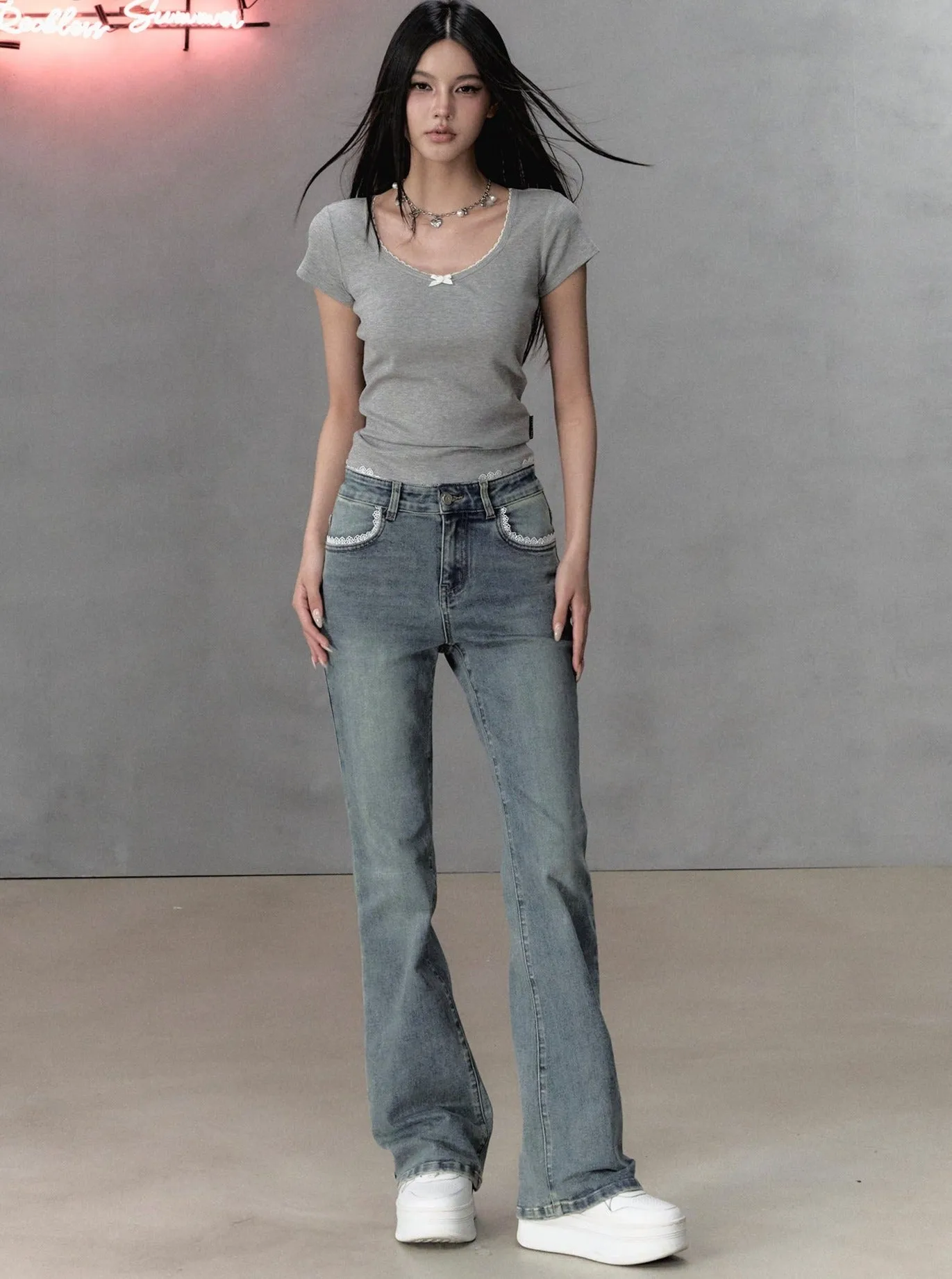 Lace Stitched Slim Flared Pants