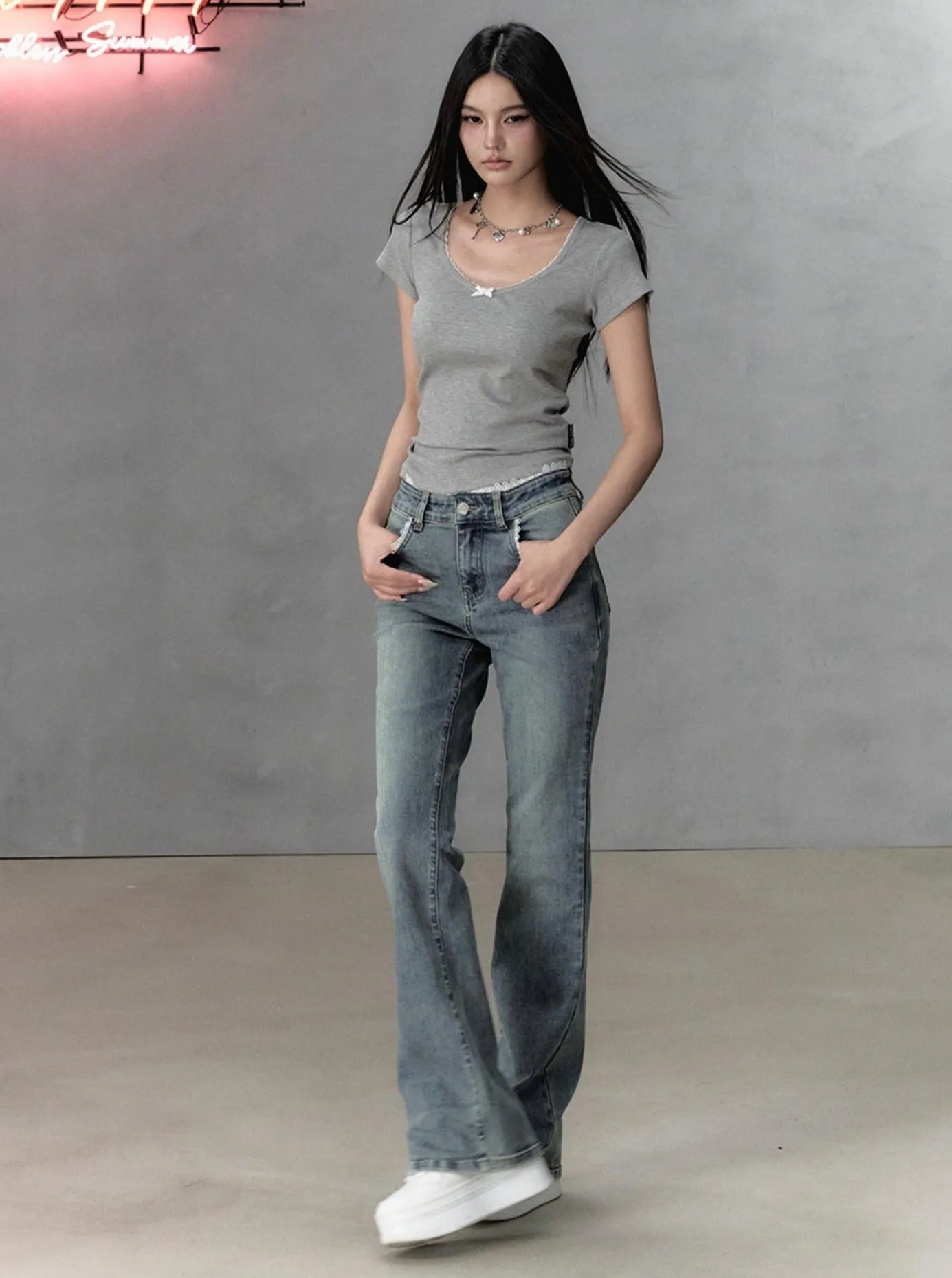 Lace Stitched Slim Flared Pants